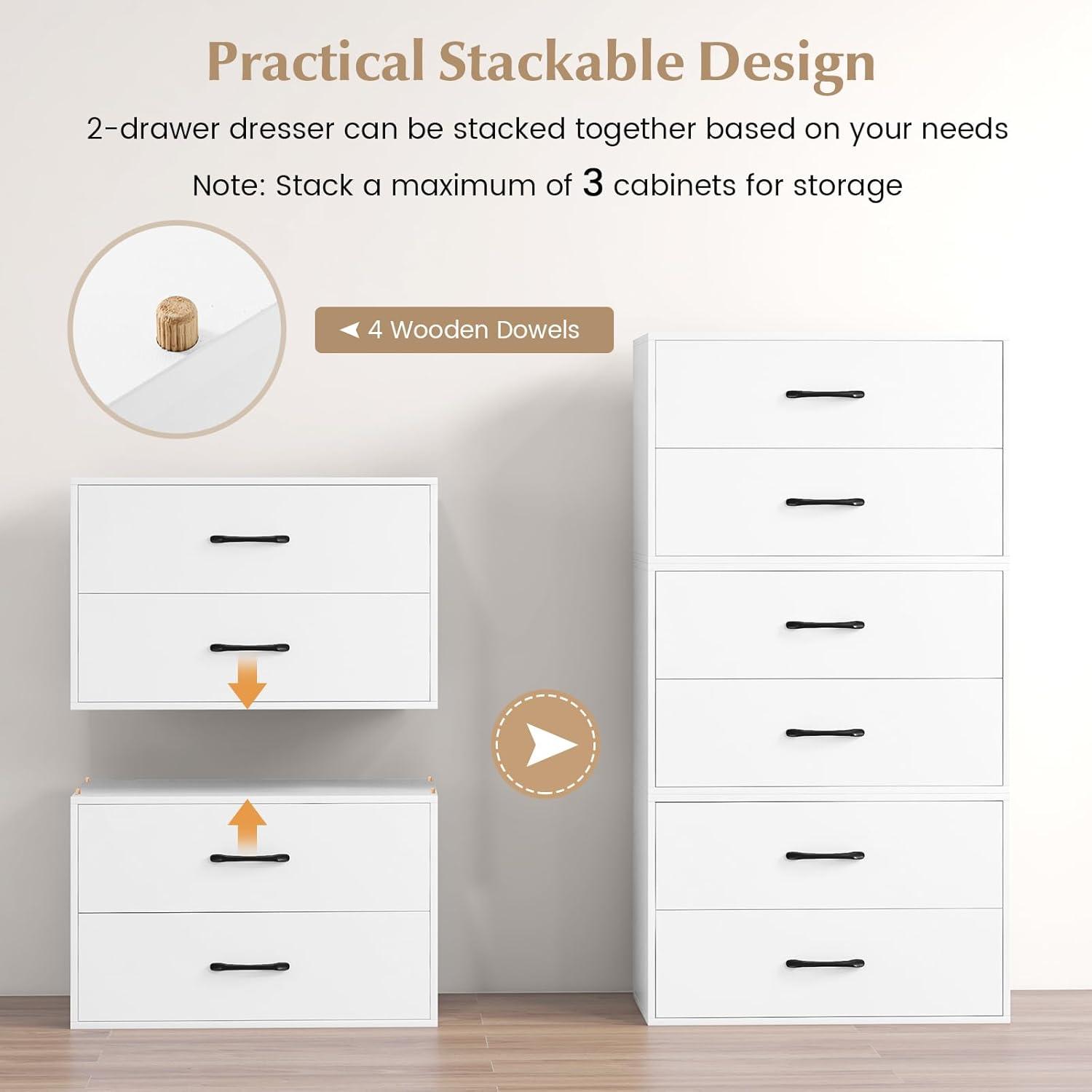 LOKO 2-Drawer Stackable Dresser, Lateral File Cabinet with Metal Handle, Horizontal Storage Cabinet with Anti-Topping Kits, Stacking Drawer Chest for Living Room, Study, Office (1, White)