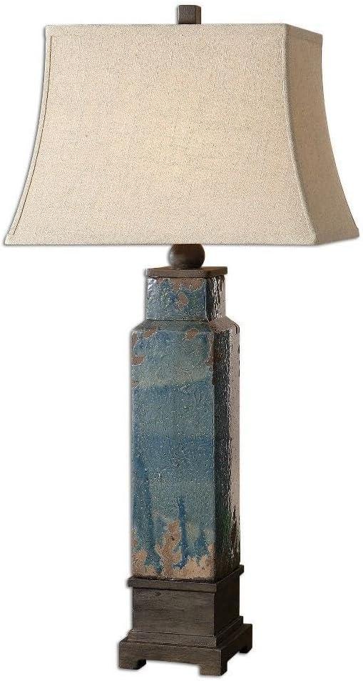 Distressed Blue Ceramic Table Lamp with Rectangle Bell Shade