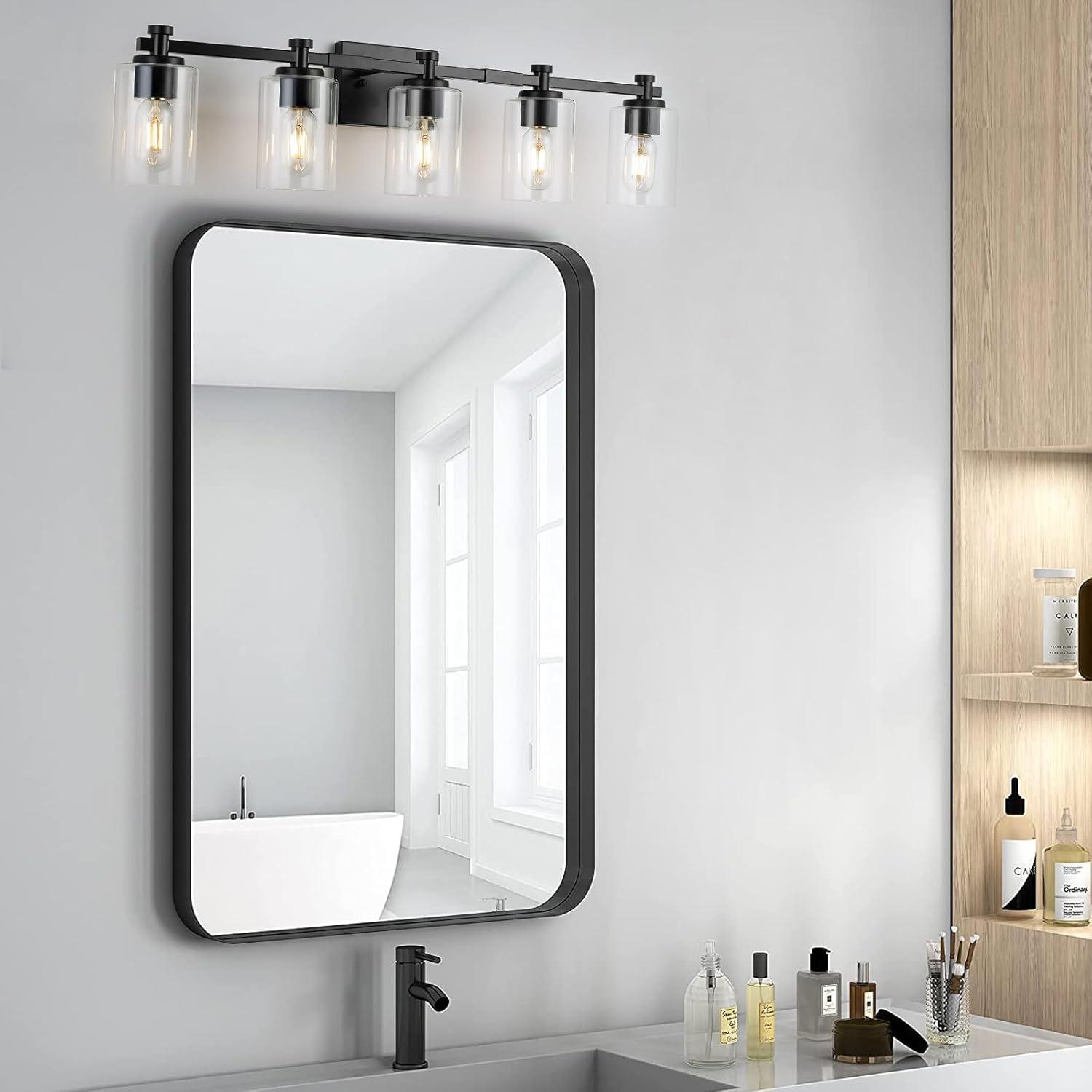 Matte Black 5-Light Bathroom Vanity Fixture with Glass Shades