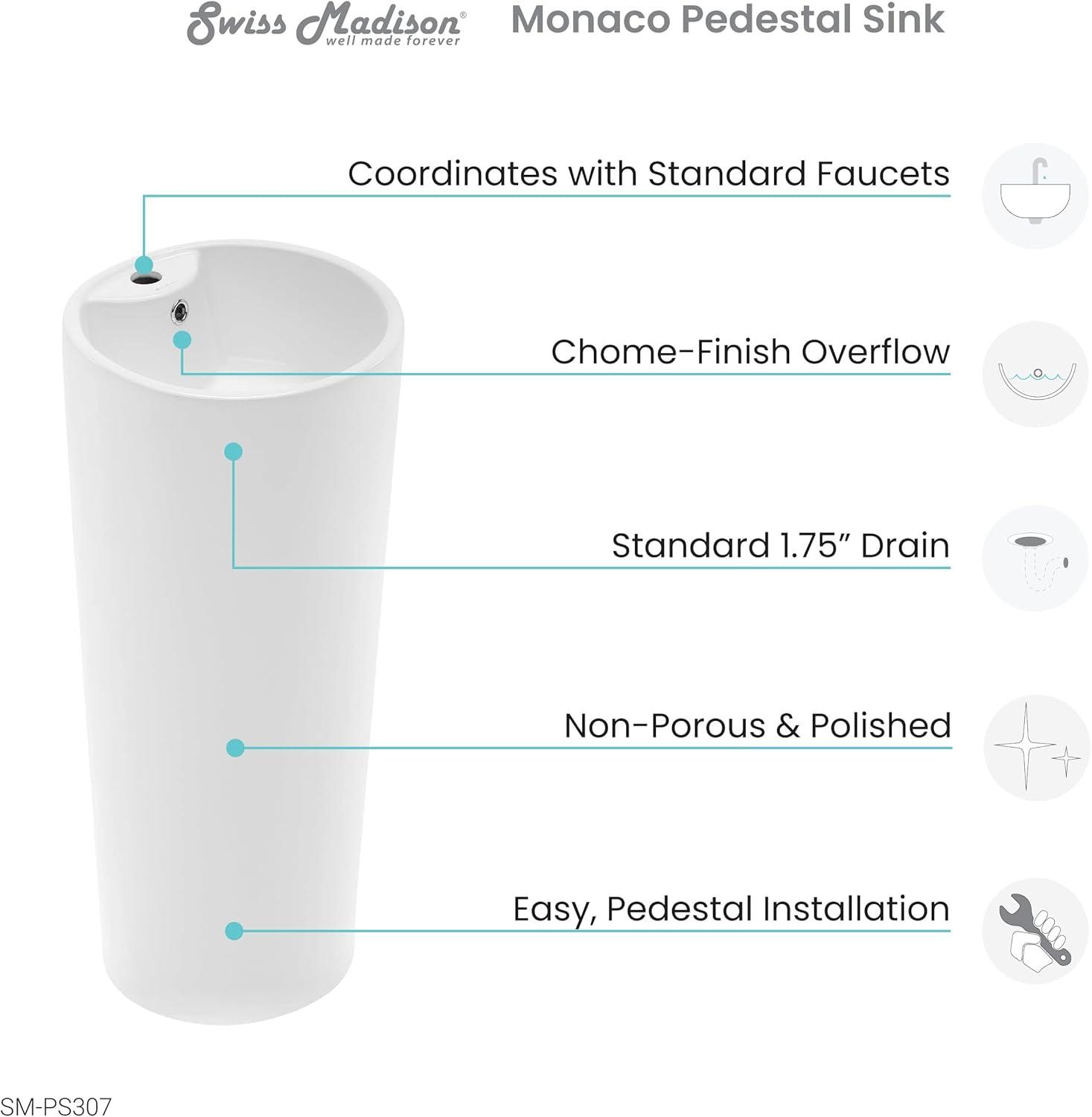 Monaco 33.44" Tall Ceramic Circular Pedestal Bathroom Sink with Overflow