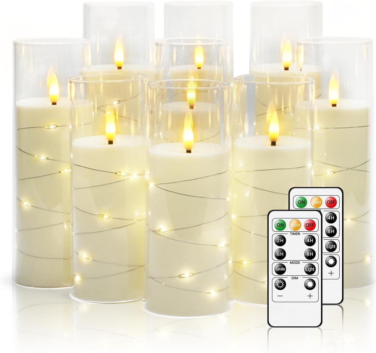 Raycare Flameless LED Candles with Embedded Star String, 9 Pcs Battery Operated Acrylic Pillar Candles with Timer and Remote, Flickering for Romantic Ambiance and Home Decoration (White)