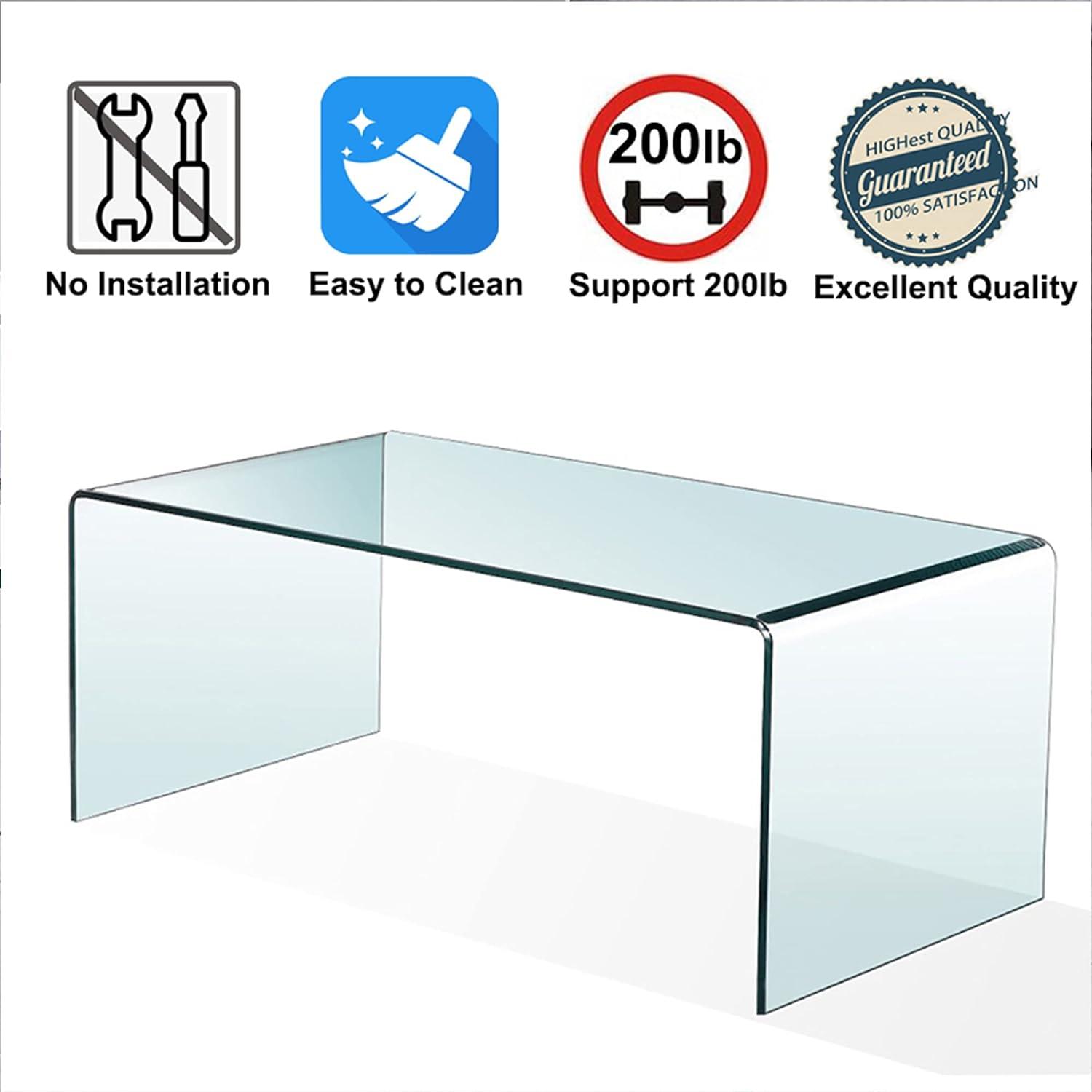 Glass Coffee Table, Modern Clear Tables for Living Room, Small Rectangle Tempered Glass Waterfall Sofa End Coffee Tables 39.4" x 19.7" x 13.78"H