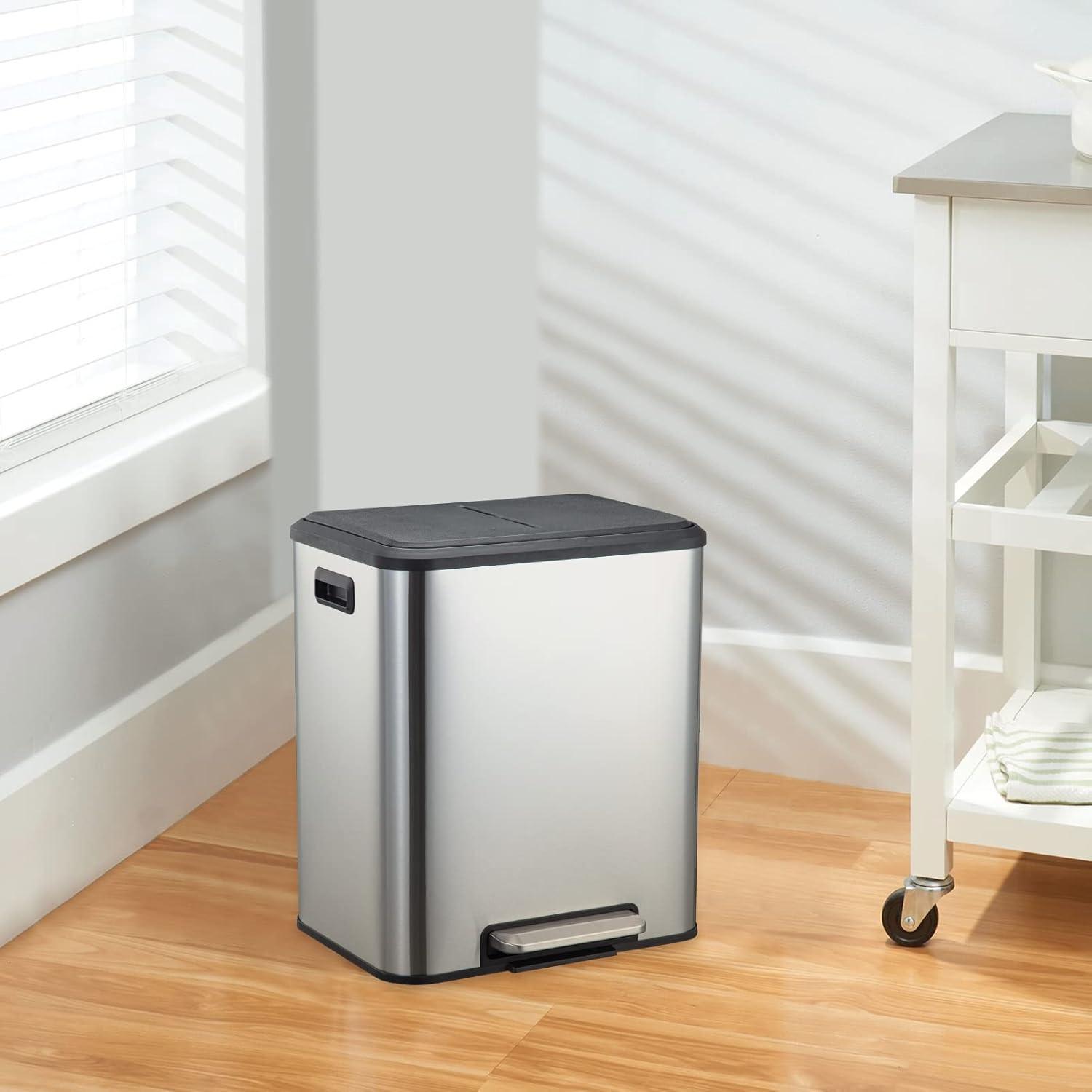 GlowSol Dual Trash Can for Recycling and Trash, Stainless Steel Kitchen Trash Can with Lid and Foot Pedal, Double Compartment Garbage Can, Trash Can with Recycling Bin (2 x 15 L)