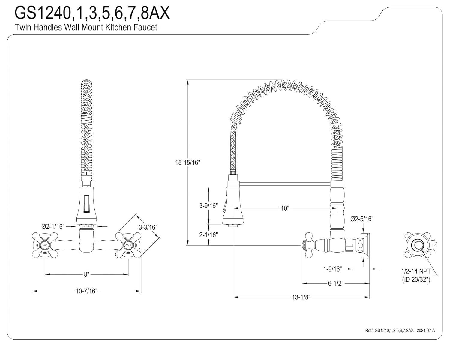 Kingston Brass Heritage Double-Handle 2-Hole Wall-Mount Pre-Rinse Bridge Kitchen Faucet