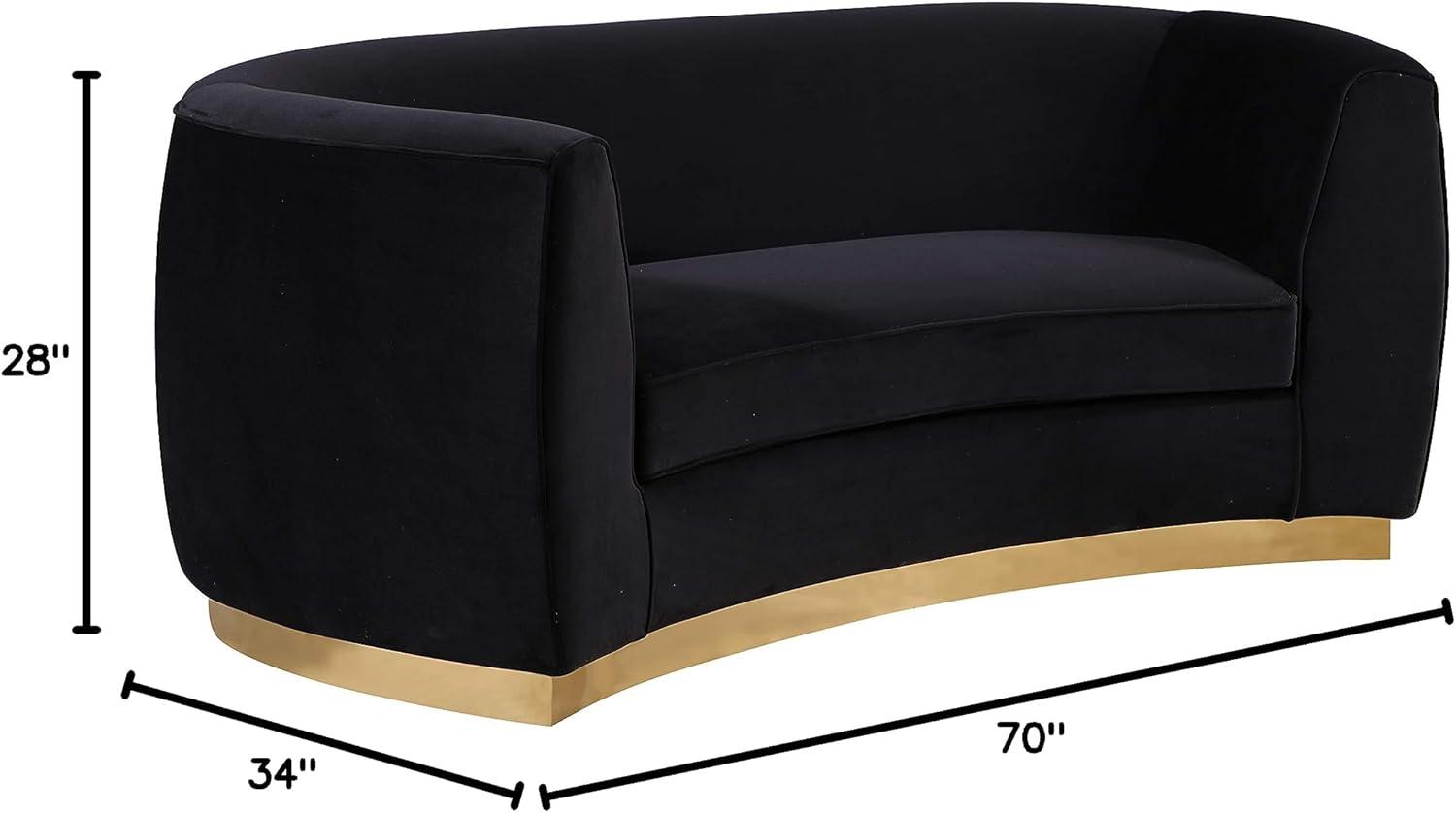Meridian Furniture Julian Collection Modern | Contemporary Velvet Upholstered Loveseat with Stainless Steel Base in Rich Gold Finish, Black, 70" W x 34" D x 28" H