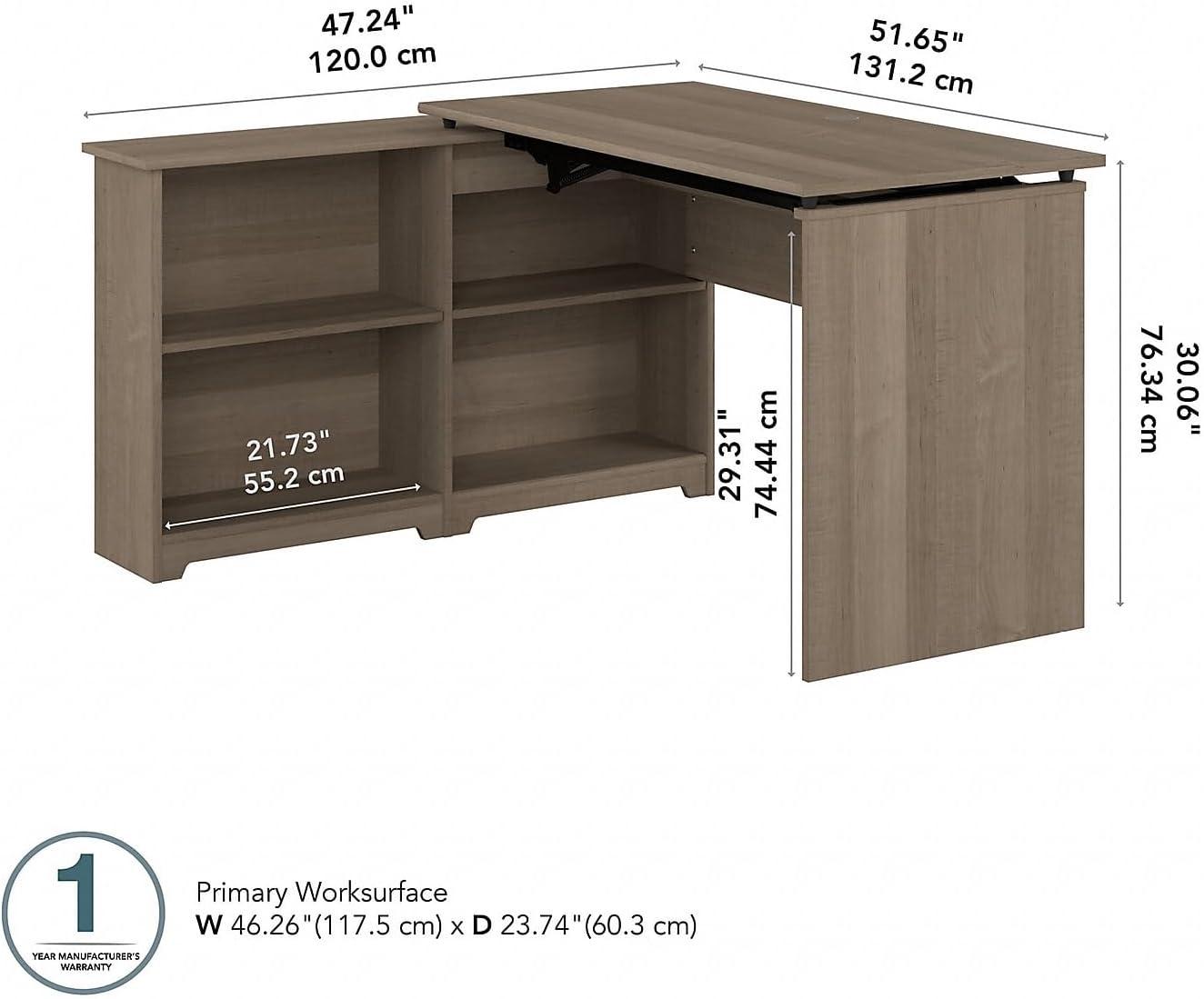 Bush Furniture Cabot 52W 3 Position Sit to Stand Corner Desk with Shelves in Ash Gray