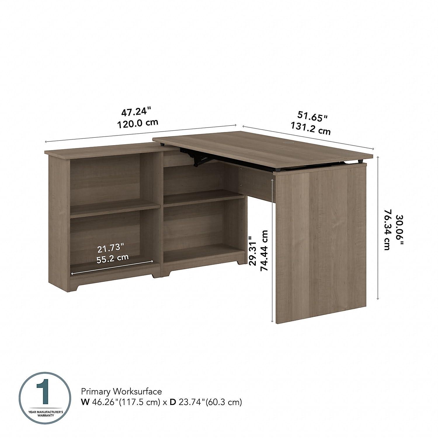 Bush Furniture Cabot 52W 3 Position Sit to Stand Corner Desk with Shelves in Ash Gray
