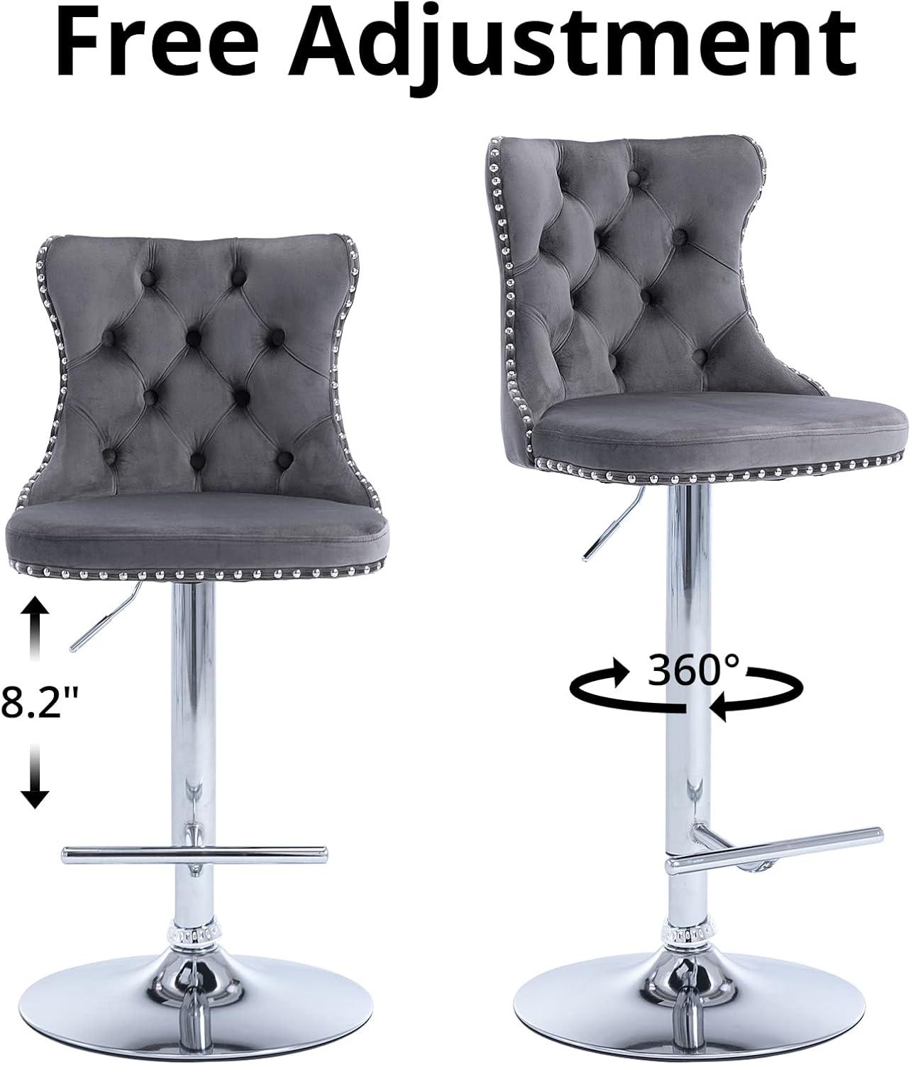 Swivel Bar Stools Set of 2, Adjustable Counter Height Barstools with Wing Back, Nailheads Trim and Sliver Footrest, Velvet Button Tufted Upholstered Bar Chairs for Dining Room Kitchen Island, Gray