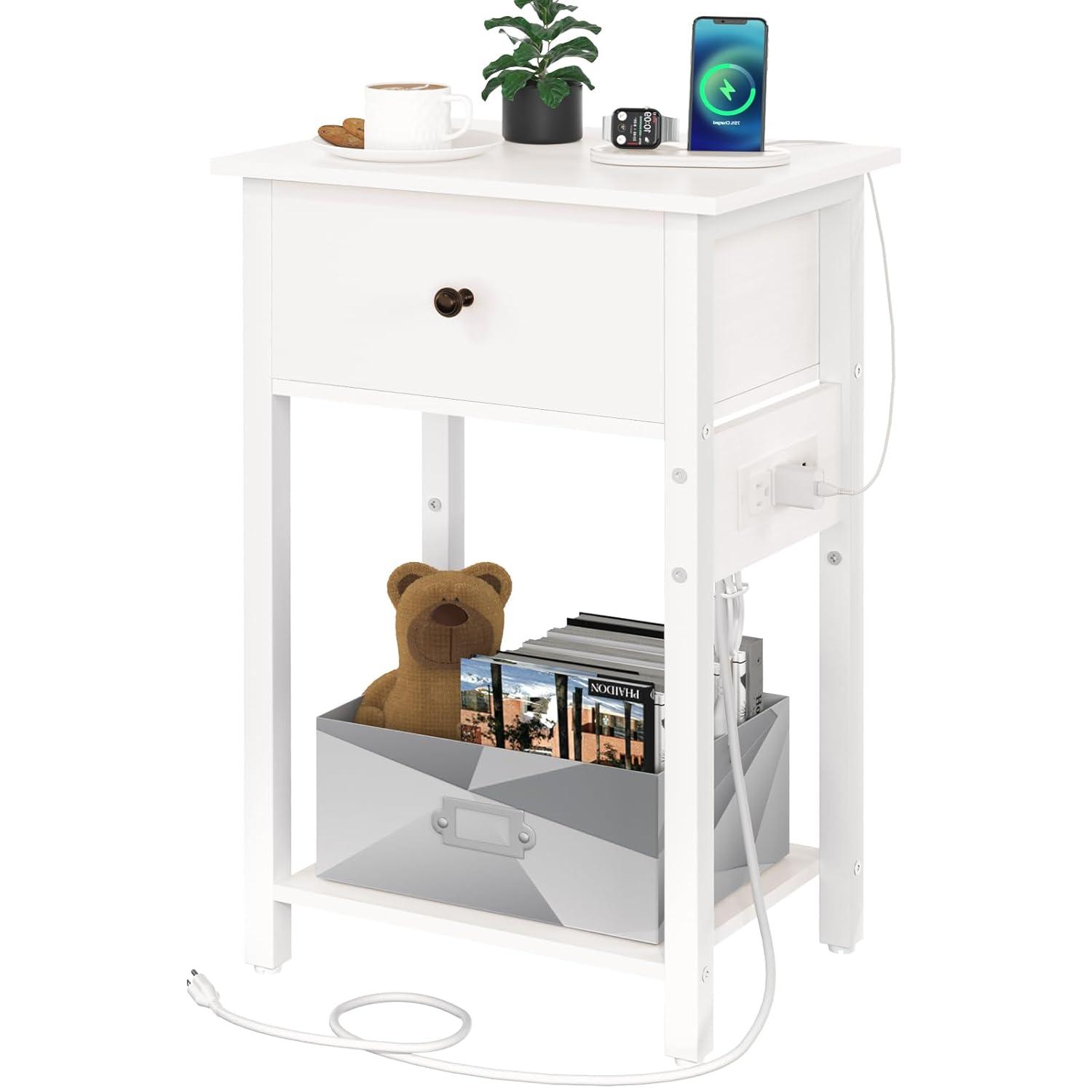 Yoobure Nightstand with Charging Station, Bedside Tables with Large Drawer and Storage Shelf, Bed Side Table/Night Stand with USB Ports & Outlets, Industrial Side Table End Table for Bedroom, White