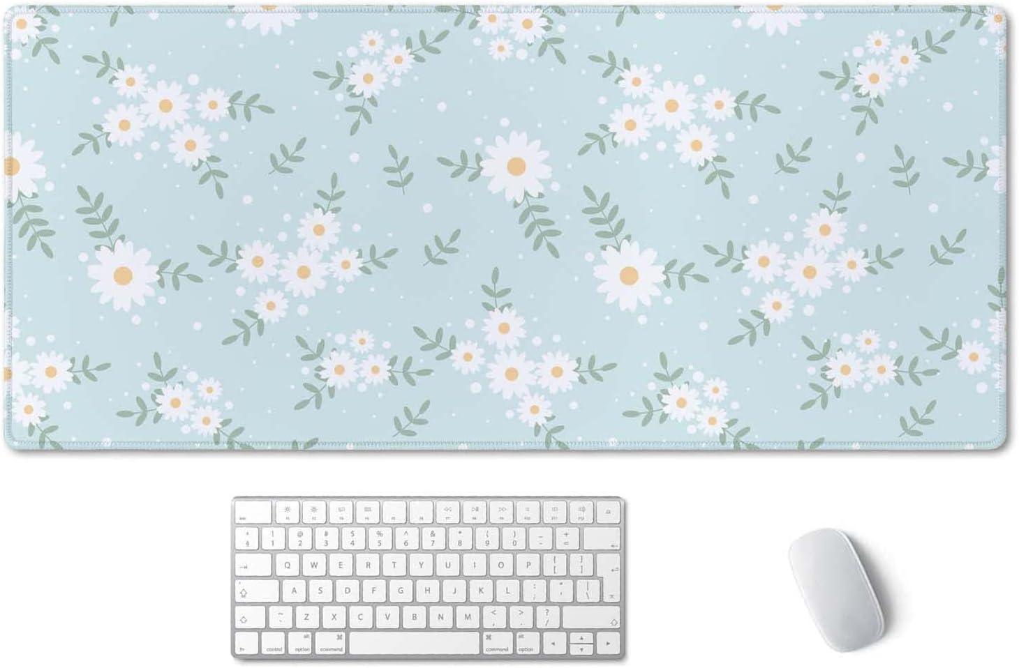 SSOIU Cute Spring Flowers Desk Mat, White Daisy Flower Mat, Extra Large Home Office Cute Accessories, Extended Mouse Pad, XXL Gaming Mouse Pad 35.5" X 15.7"