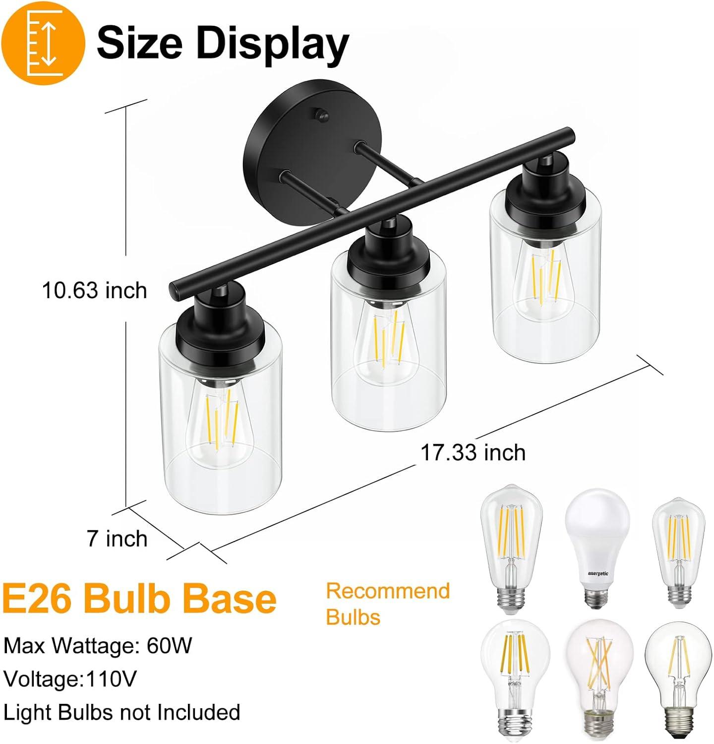 3-Light Bathroom Light Fixtures Bathroom Vanity Lights with Clear Glass Shades Matte Black Bathroom Light Fixtures over mirror for Mirror Living Room Cabinet Bedroom Porch