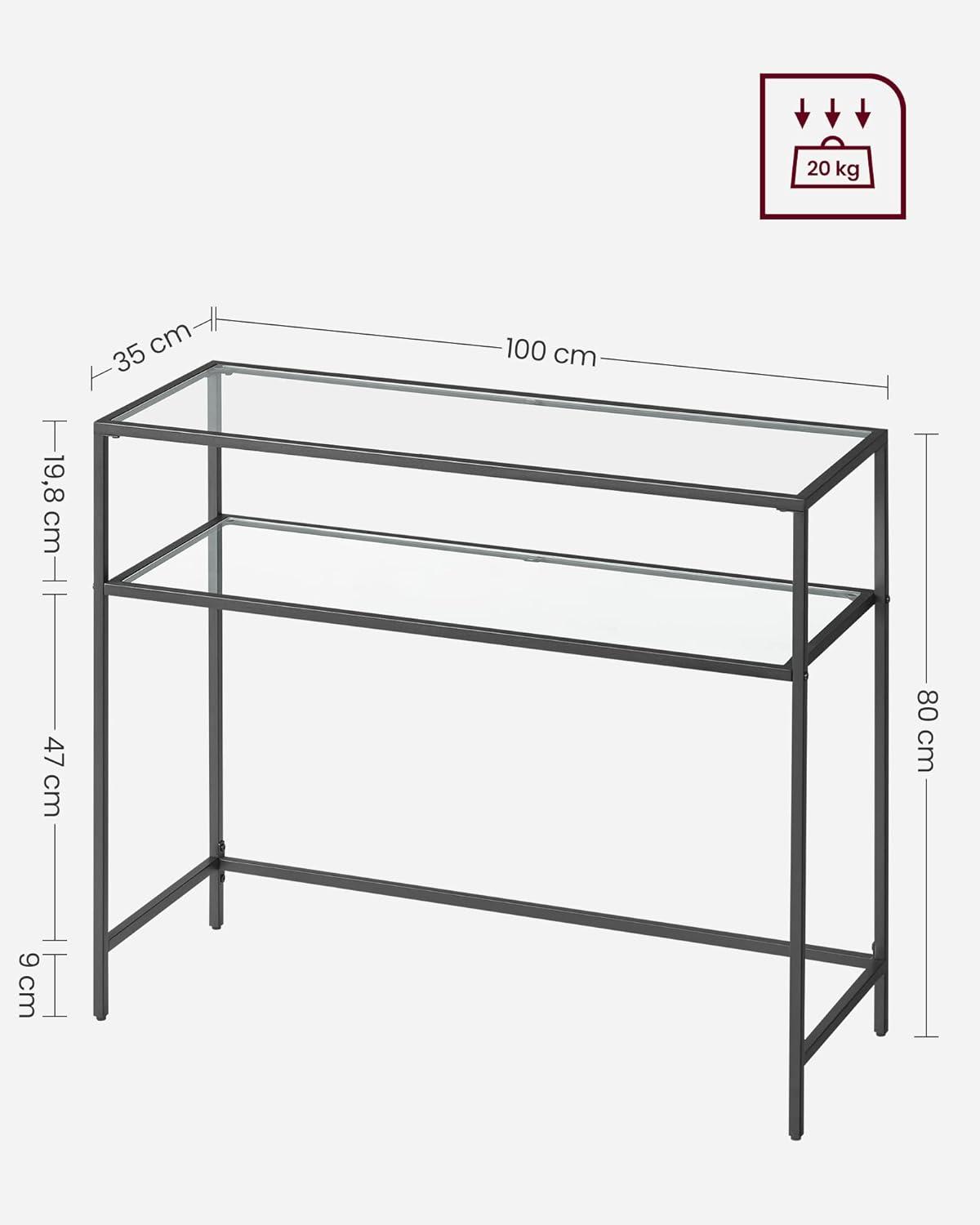 Black Metal and Glass Console Table with Storage Shelves