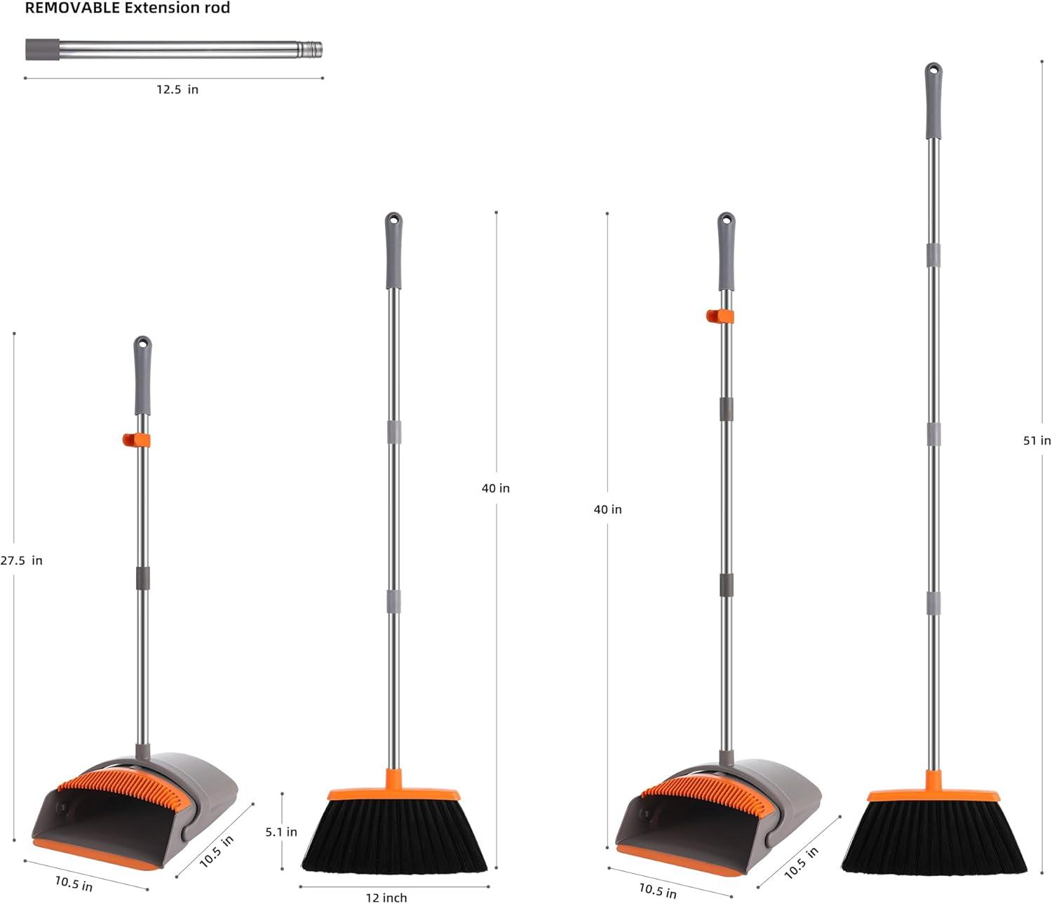 Adjustable Stainless Steel Broom and Dustpan Set with Orange Handle