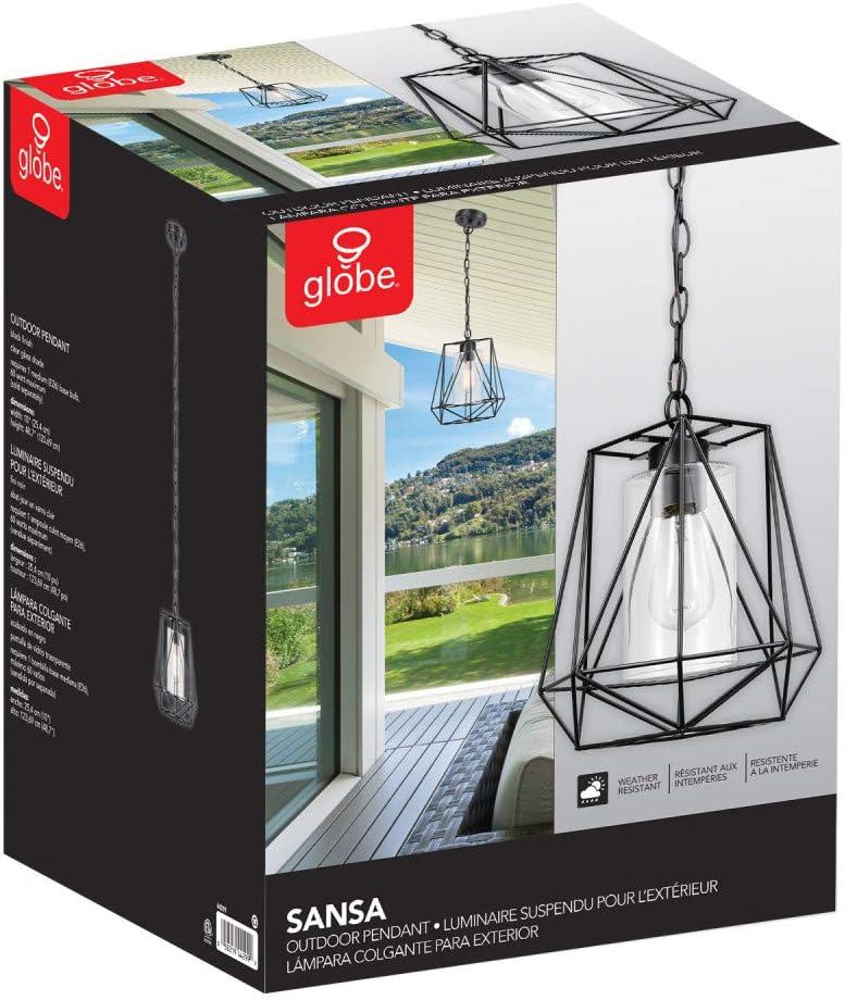 Globe Electric Sansa 1-Light Outdoor/Indoor Pendant, Black, Clear Glass Inner Shade,44299, Bulb Not Included