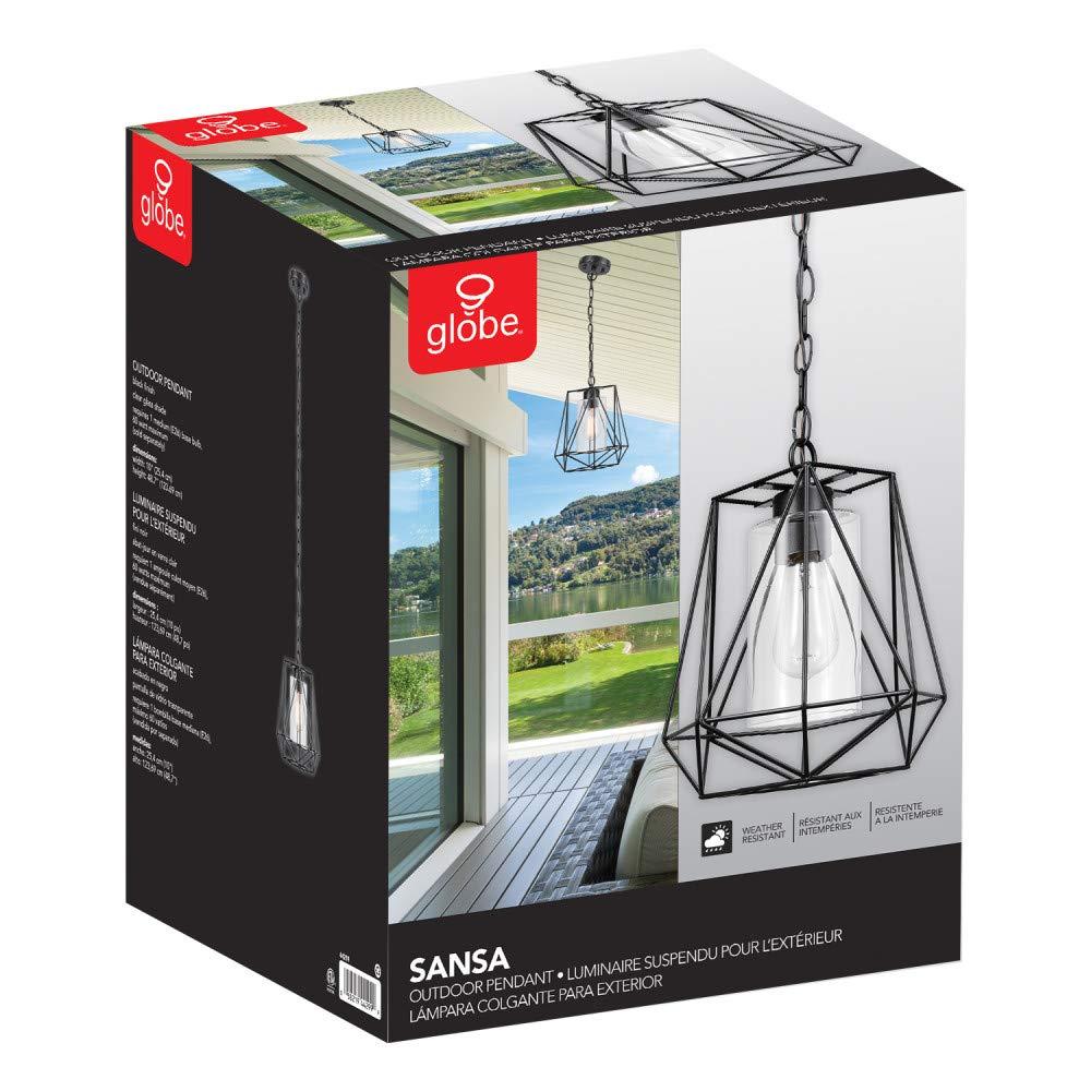 Globe Electric Sansa 1-Light Outdoor/Indoor Pendant, Black, Clear Glass Inner Shade,44299, Bulb Not Included