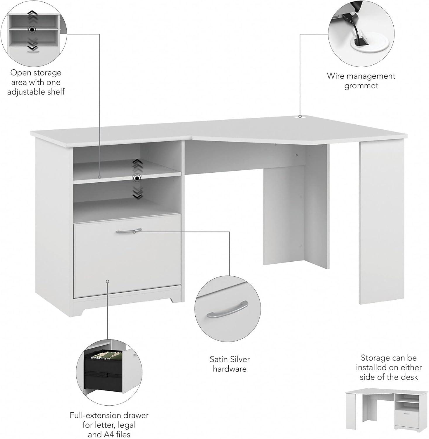 Elegant White Corner Desk with Drawer and Filing Cabinet