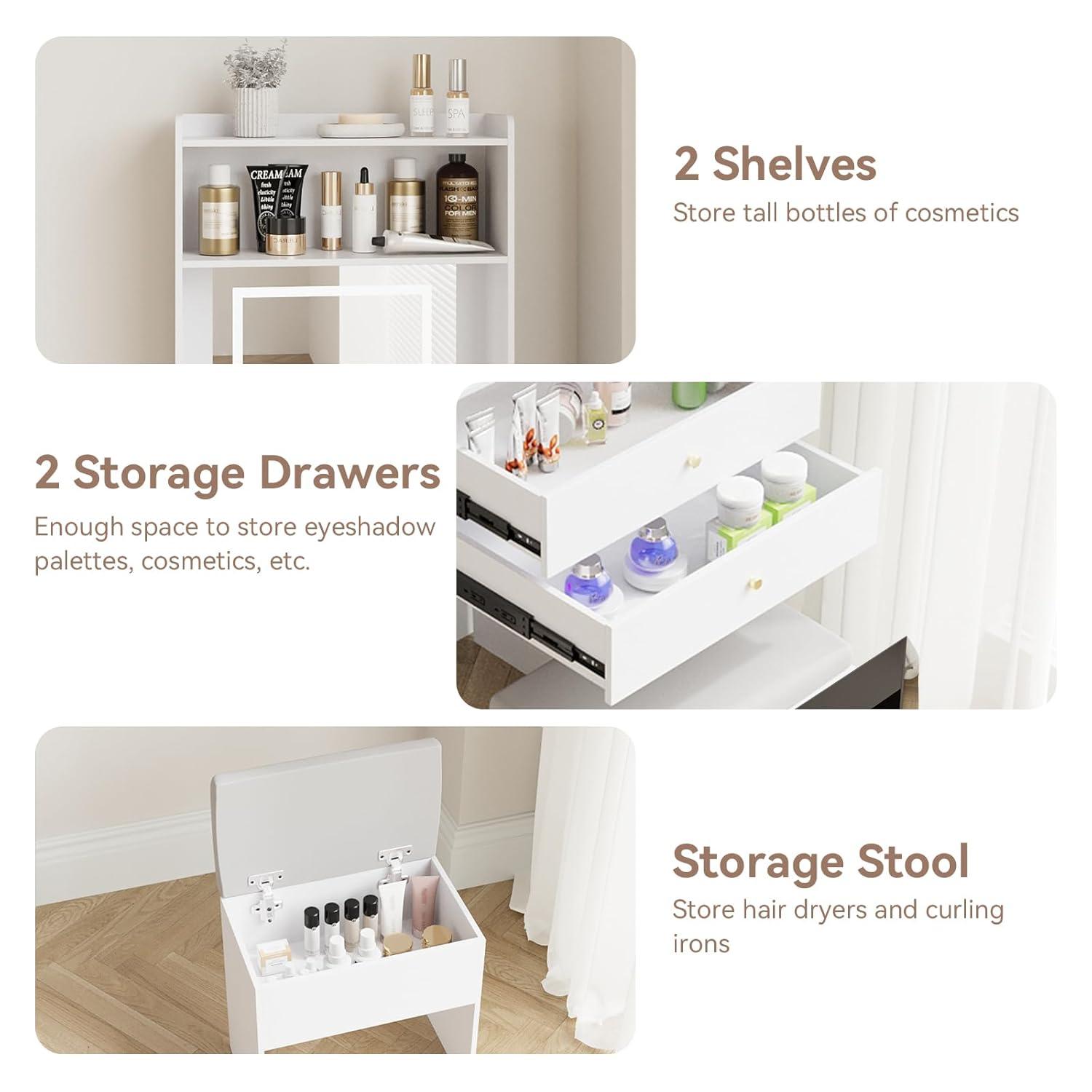 White Small Vanity Desk Set with Mirror and Lights Makeup Table with Drawer, Storage Chair, and Fold-up Panel for Small Space Bedroom