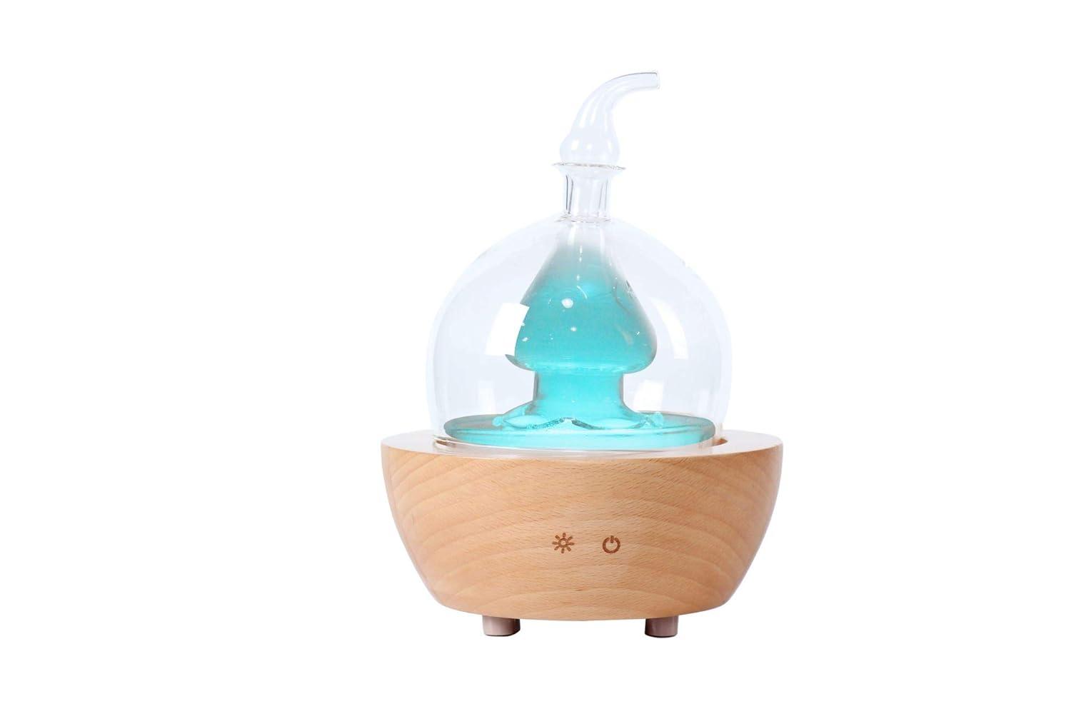 EcoGecko Aroma Essential Oil Diffuser made from Wood and Hand Blown Glass for Aromatherapy Nebulizer Pure Essential Oils with Touch Button Timer and 7 Color LED lights