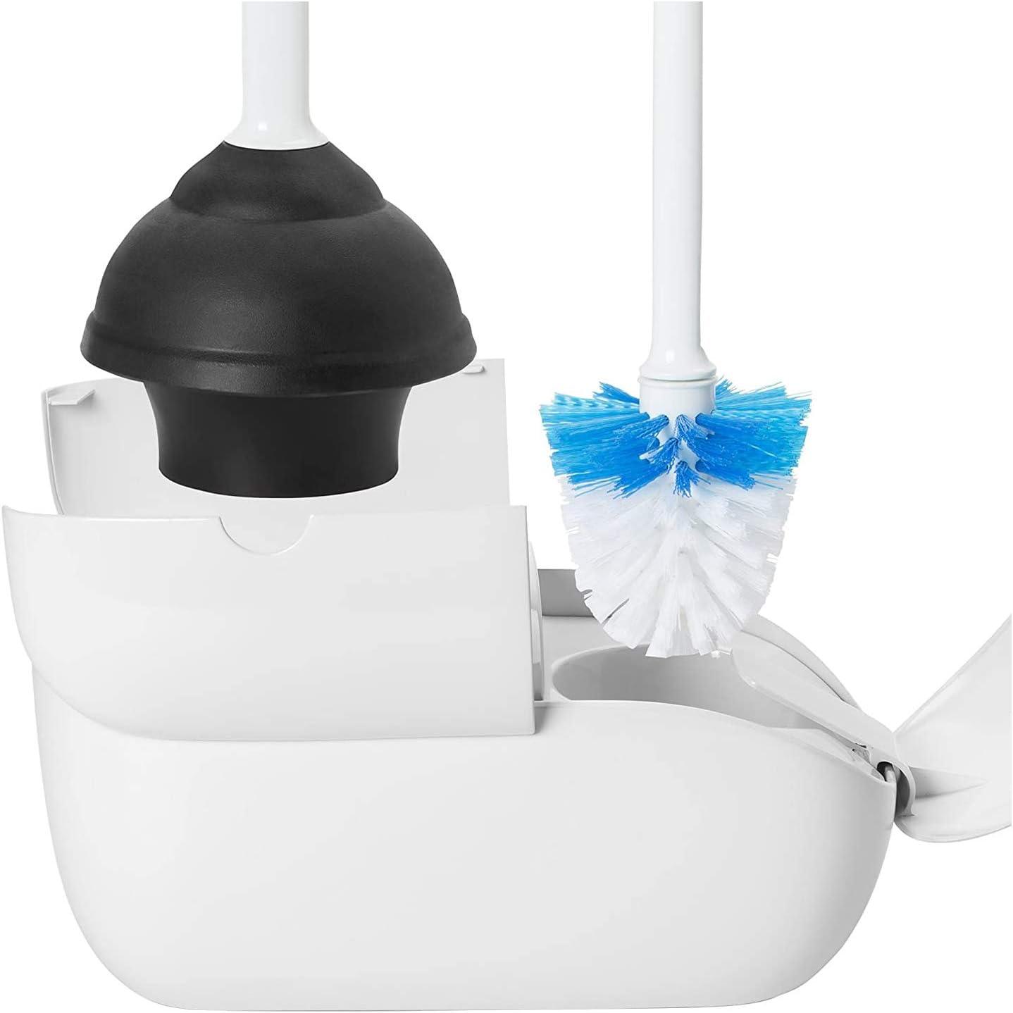 White Plastic Toilet Brush and Plunger Set with Holder