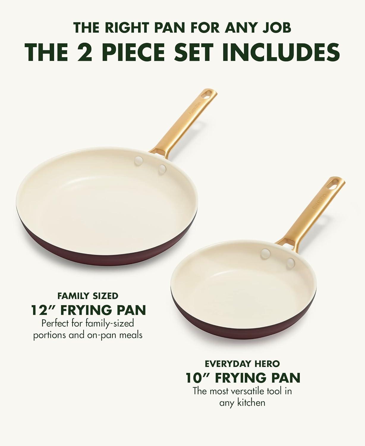 GreenPan Burgundy and White Ceramic Nonstick Frypan Set with Gold Handles