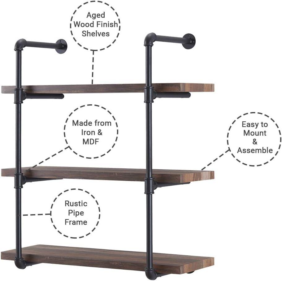 Danya B. 35" x 31.5" Three Tier Industrial Pipe Wall Shelf Natural: Laminated, Metal Frame, 90lb Capacity