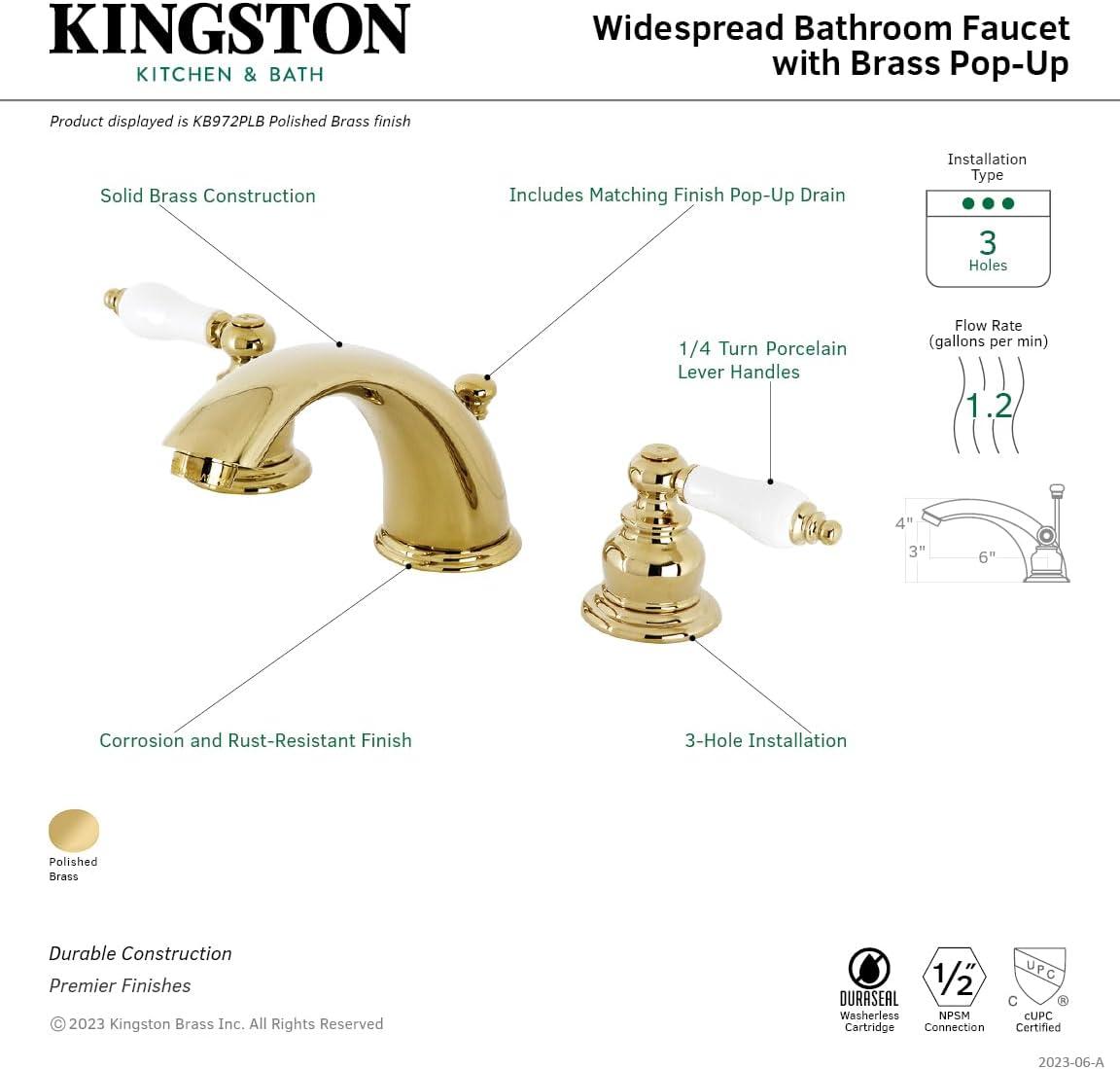 Kingston Brass Victorian Two-Handle 3-Hole Deck Mount Widespread Bathroom Faucet with Brass Pop-Up Drain