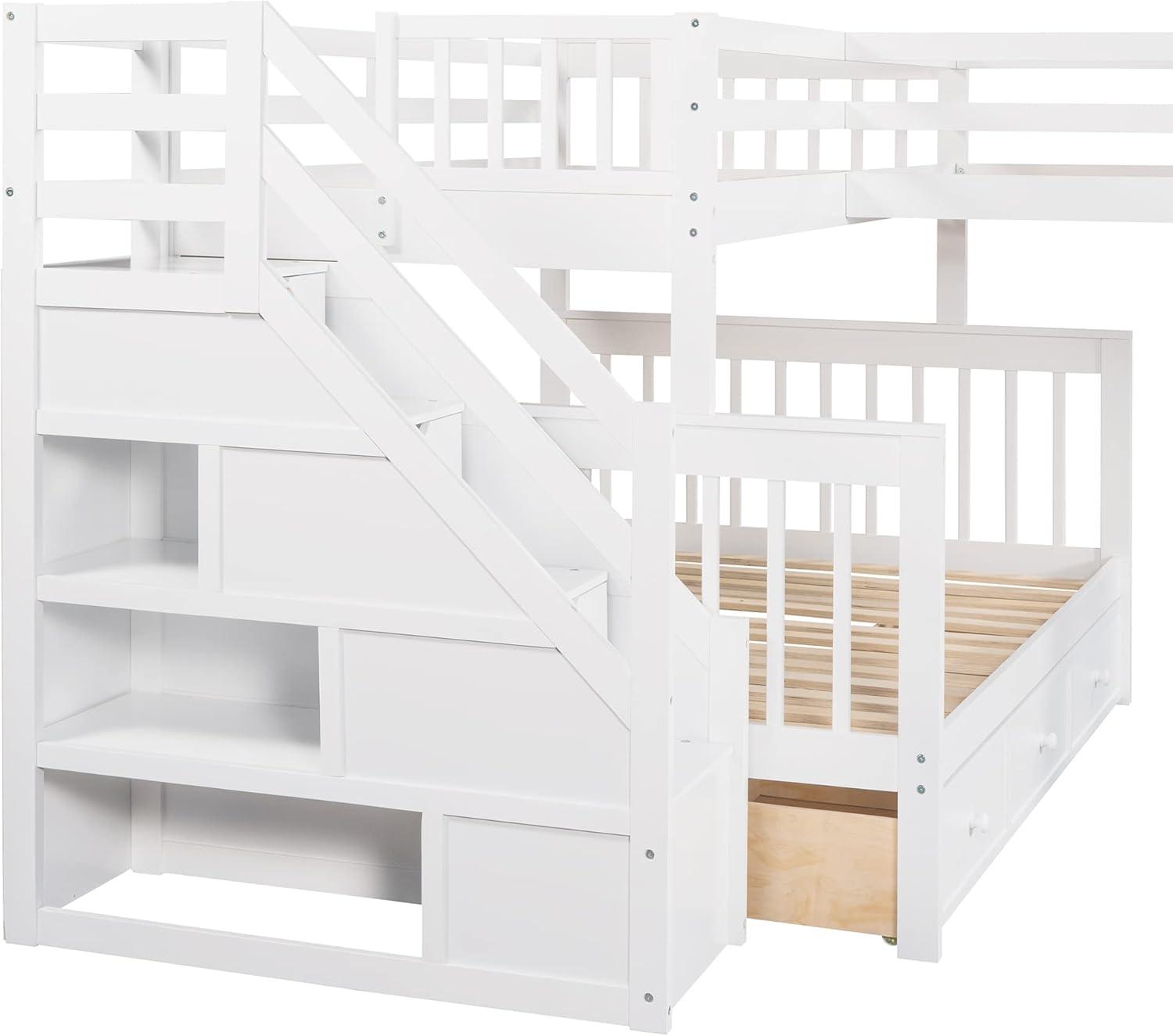 L Shaped Bunk Bed for 3, Triple Bunk Bed with 3 Drawers and Storage Stairs, Twin Over Full Bunk Bed & Twin Size Loft Bed, Wood Corner Beds for Kids, Teens, Adults. No Box Spring Needed(White)