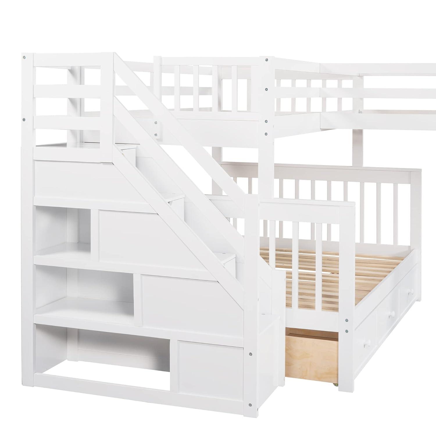L Shaped Bunk Bed for 3, Triple Bunk Bed with 3 Drawers and Storage Stairs, Twin Over Full Bunk Bed & Twin Size Loft Bed, Wood Corner Beds for Kids, Teens, Adults. No Box Spring Needed(White)