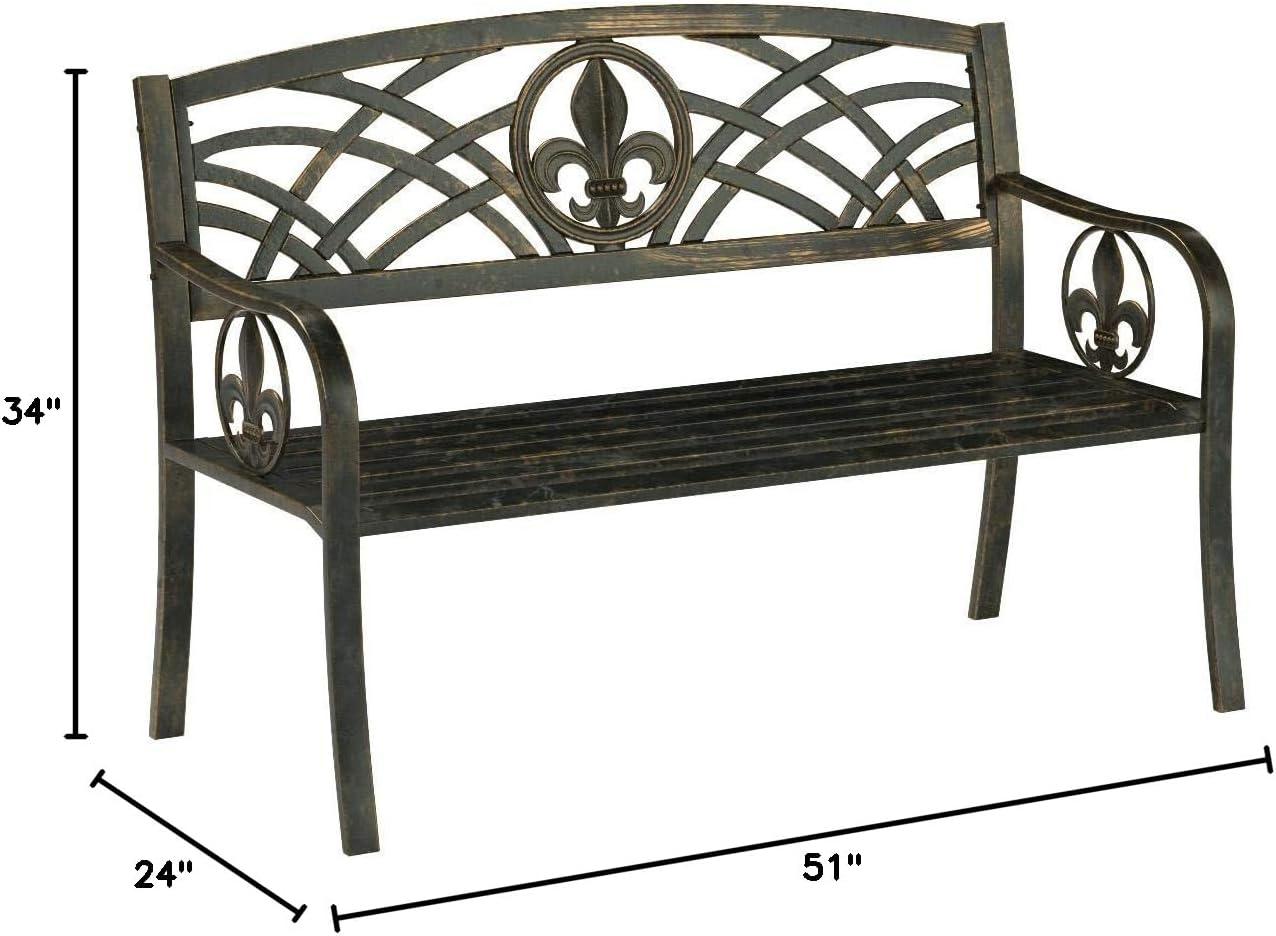 Leigh Country Outdoor Metal Patio Bench with Fleur-De-Lis - Bronze