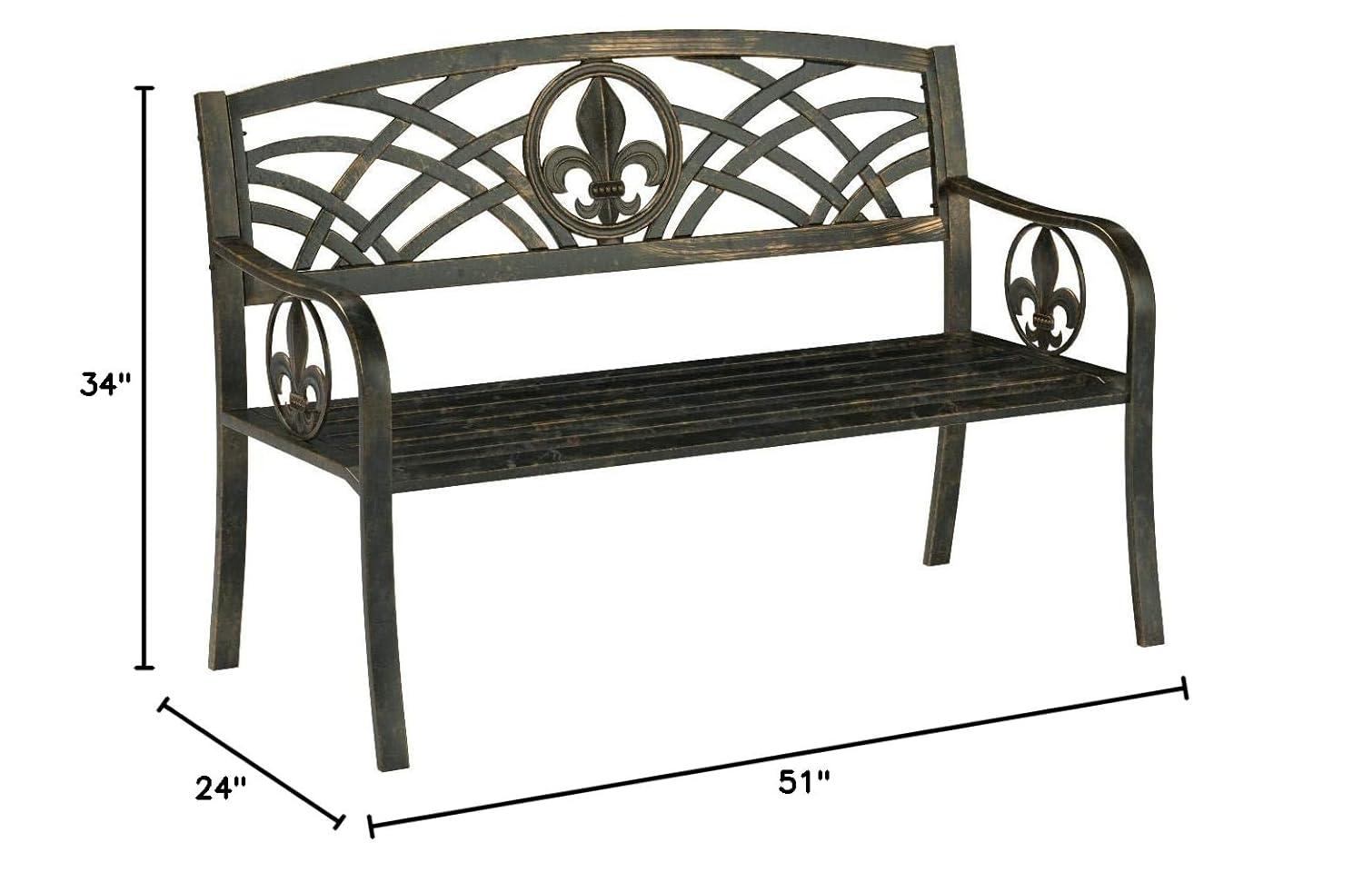 Leigh Country Outdoor Metal Patio Bench with Fleur-De-Lis - Bronze