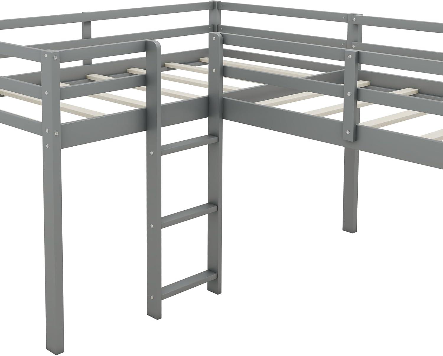 Harper & Bright Designs L-Shaped Loft Bed with Slide, Wooden Low Loft Beds for 2 Kids, Twin Size Low Loft Bed with Built-in Ladders, Gray