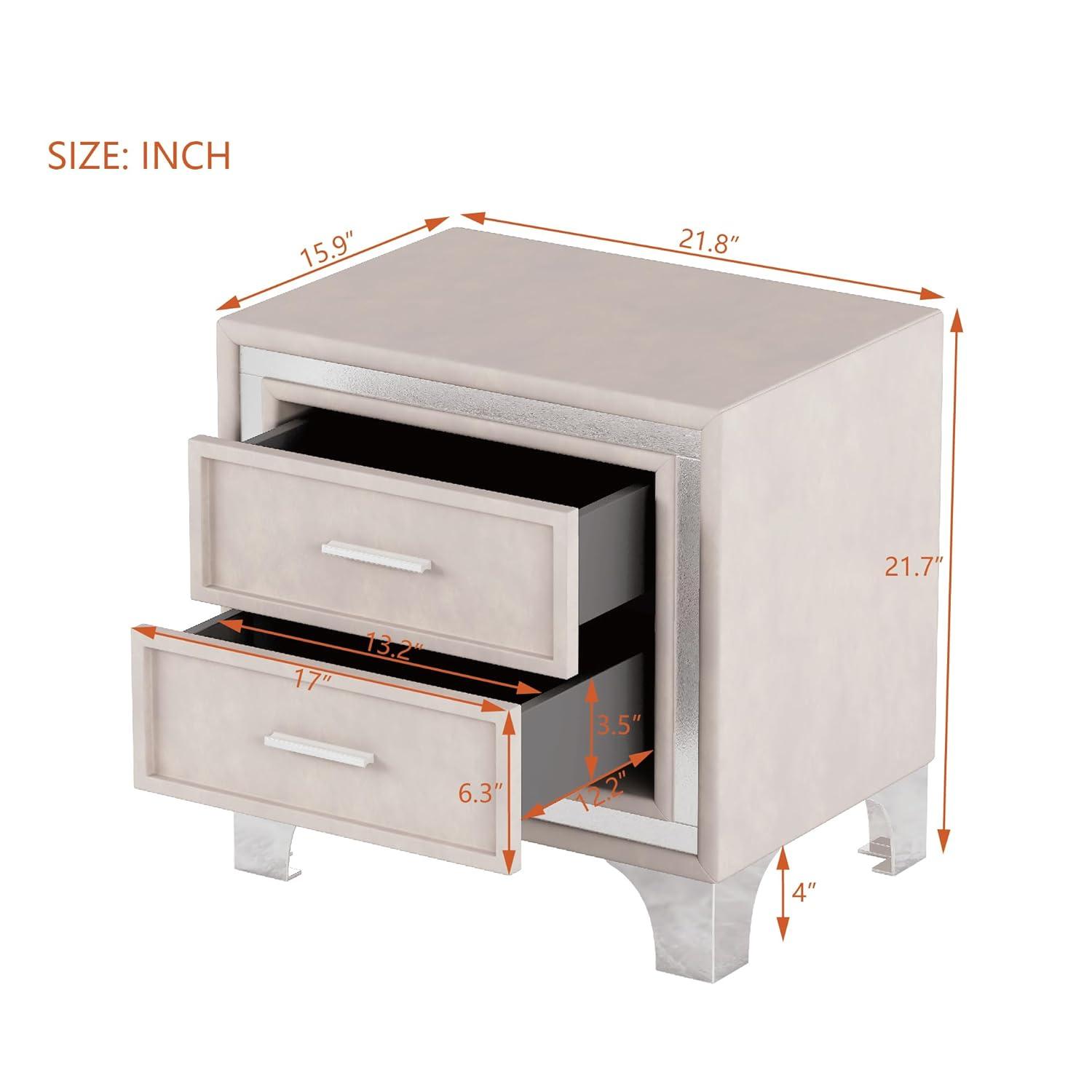 SOFTSEA Velvet Nightstand with 2 Drawers, Modern Upholstered Nightstand with Storage, Bedside Table End Table with Silver Glitter Strip & Metal Legs for Bedroom, Living Room, Easy Assembly, Beige