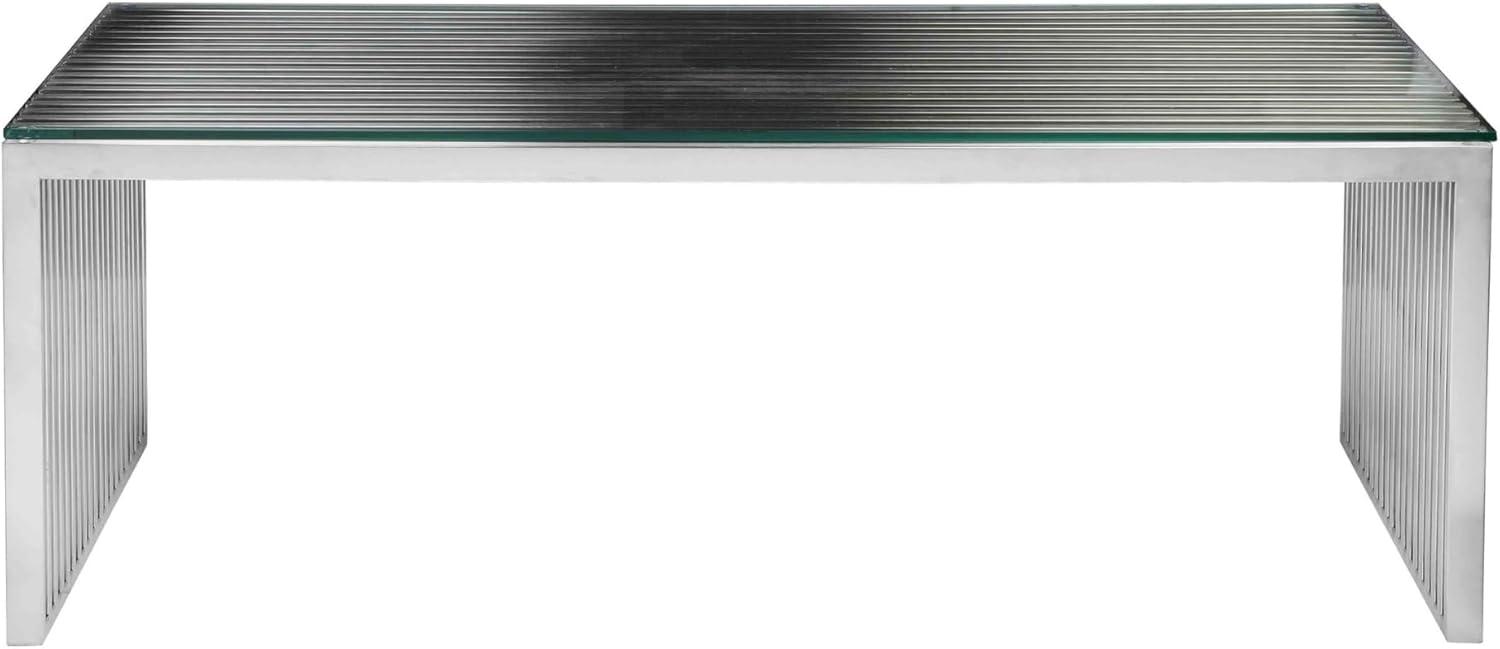 Benjara Meza 47 Inch Coffee Table, Glass Top, Waterfall Slatted Panel Frame, Silver