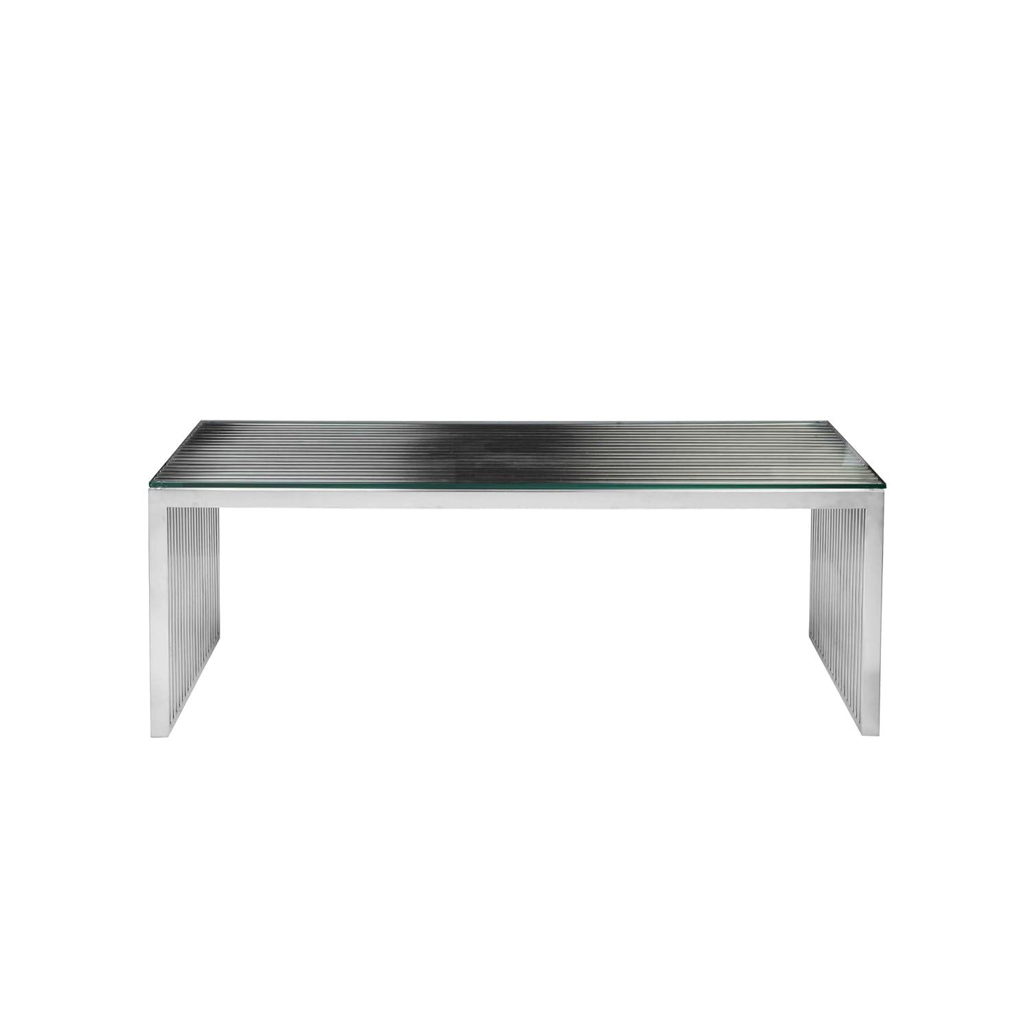 Benjara Meza 47 Inch Coffee Table, Glass Top, Waterfall Slatted Panel Frame, Silver