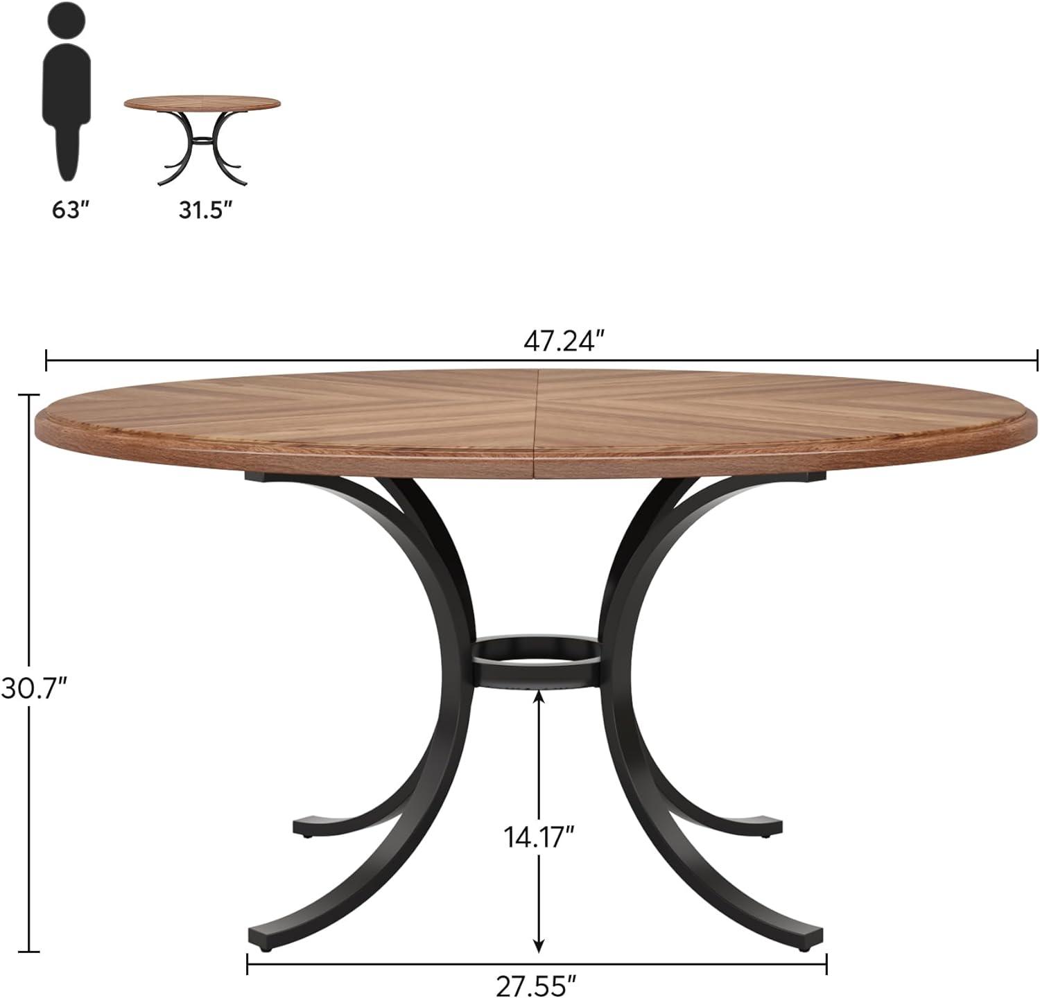 Condemo Round Dining Table for 4-6, 47 inch Wood Dining Room Table with Storage Shelf, Farmhouse Kitchen Table with Metal Base, Large Round Table for Home, Rustic Brown Black, No Chairs