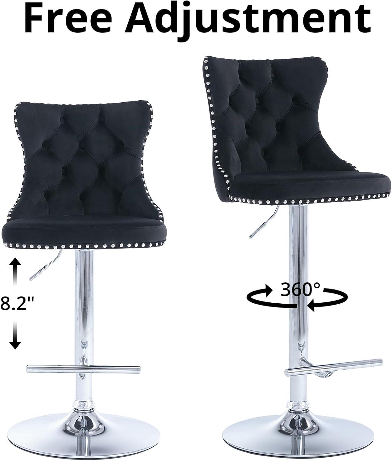 Swivel Barstools with High Back, 2pcs Velvet Bar Chairs with Button Tufted and Nailheads Trim, Counter Height Bar Stools for Home Bar Kitchen Island Cafe,Adjusatble Seat Height, Black+Silver