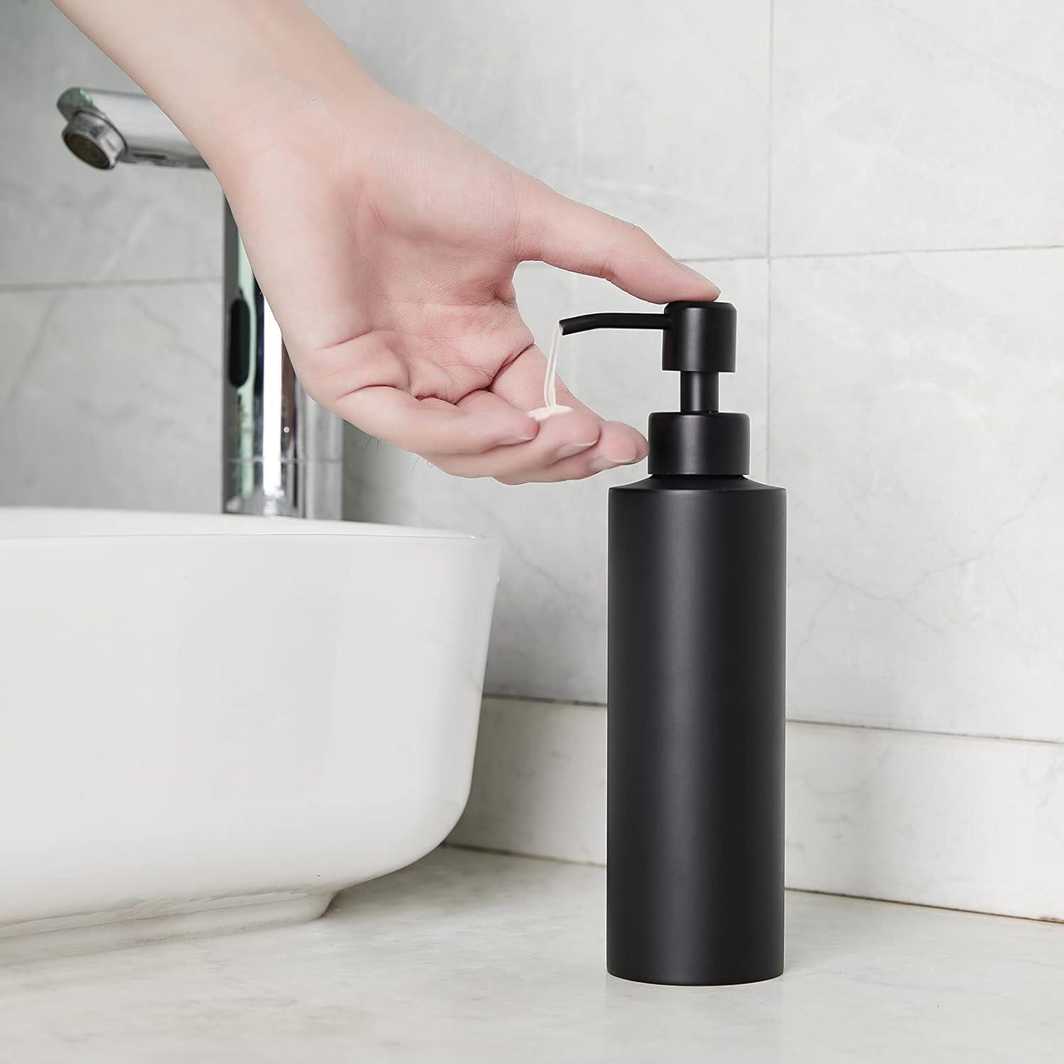 KLZO Soap Dispenser, Matte Black with Funnel and Non-Slip Coaster 304 Stainless Steel Metal Pump Hand Sanitizer Bottle for Bathroom, and Kitchen (12oz/350ml)