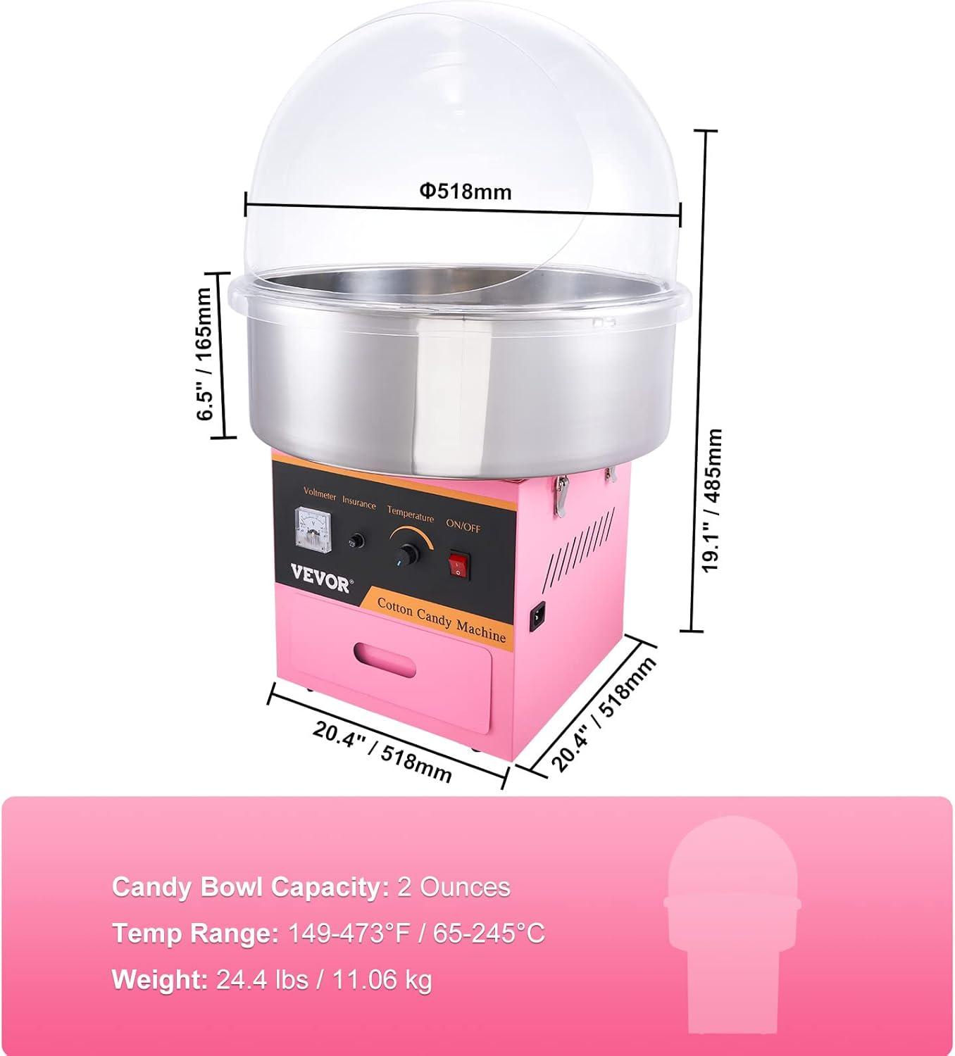VEVOR Electric Cotton Candy Machine Cart, 1000W Commercial Floss Maker w/Stainless Steel Bowl, Sugar Scoop and Drawer, Perfect for Home, Carnival, Kids Birthday, Family Party, Pink