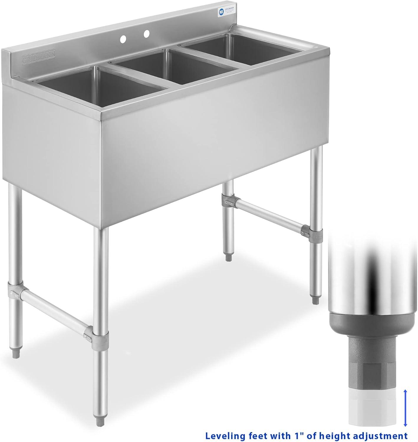 3 Compartment NSF Stainless Steel Commercial Bar Sink By GRIDMANN