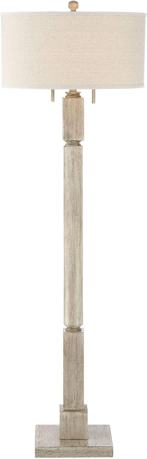 Barnes and Ivy Baluster Country Cottage Floor Lamp 63 1/2" Tall Pickled Wood Oatmeal Linen Drum Shade for Living Room Reading Bedroom Office House