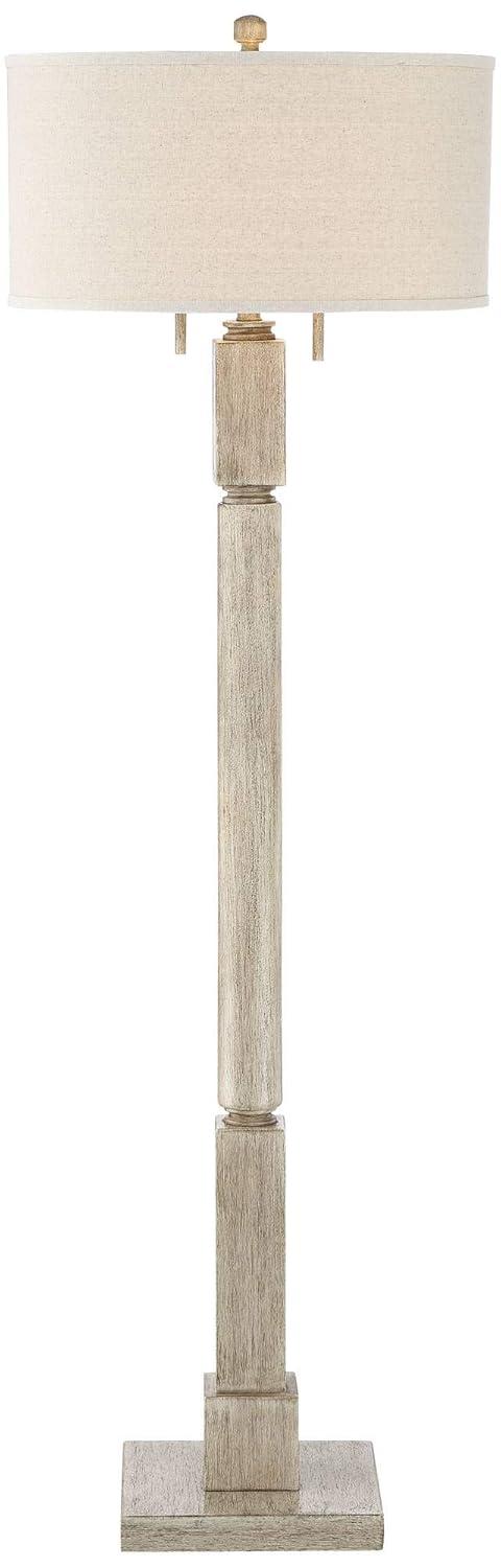 Barnes and Ivy Baluster Country Cottage Floor Lamp 63 1/2" Tall Pickled Wood Oatmeal Linen Drum Shade for Living Room Reading Bedroom Office House