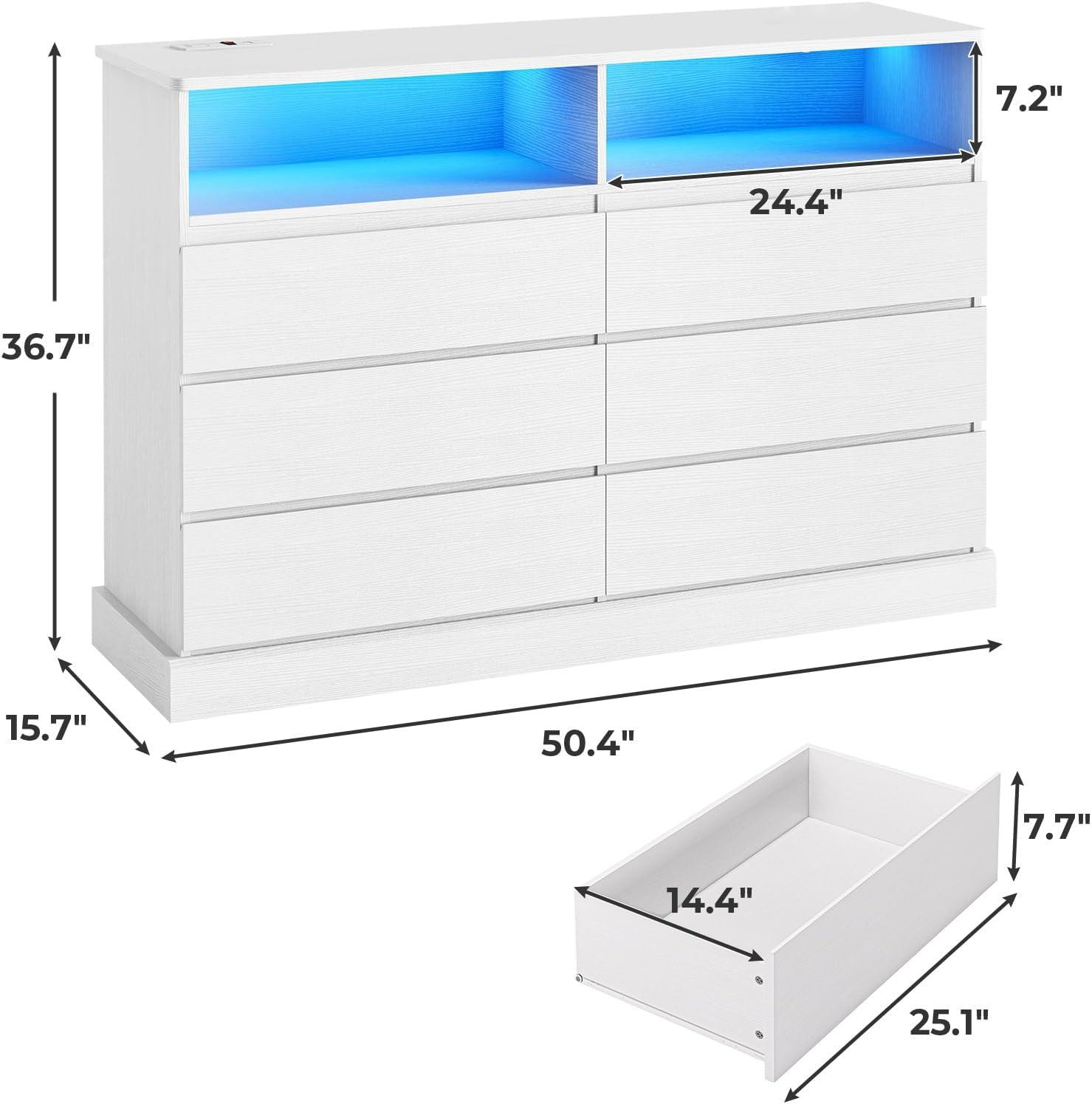 6 Drawers Dresser Storage Cabinets for Bedroom, Dresser Chest of Drawers with Charging Station&LED Lights for Living Room, White