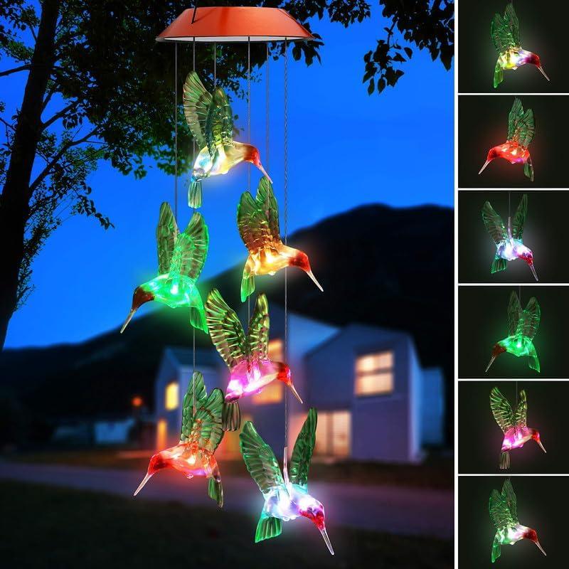 Solar Mobile Wind Chime with Color-Changing LED Lights - Waterproof Hummingbird Wind Chimes for Home, Party, Garden Decoration (Copper Board Hummingbird)