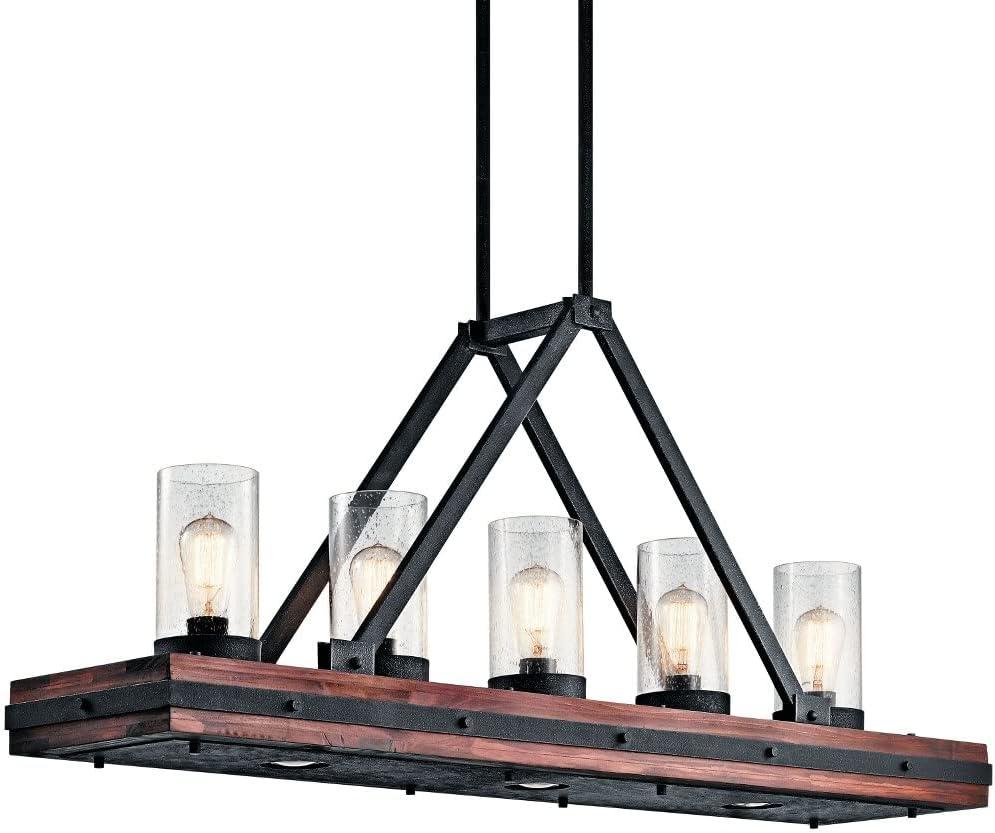 Auburn Stained Wood and Bronze 5-Light Linear Chandelier