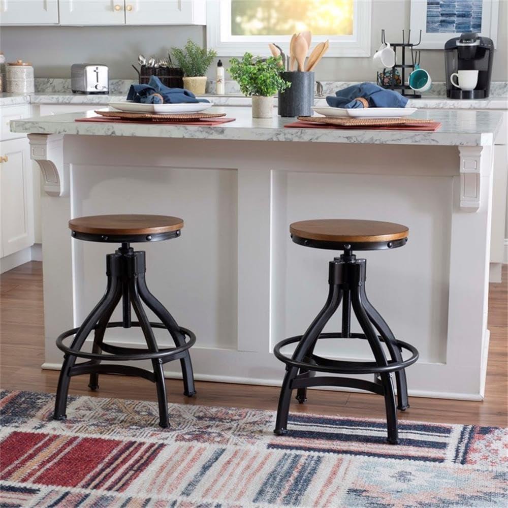 Adjustable Black Metal and Wood Swivel Bar Stool