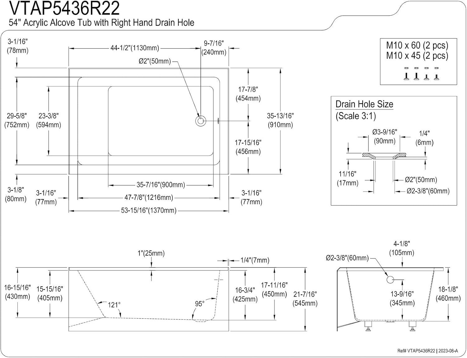 Kingston Brass Aqua Eden 54-Inch Acrylic Rectangular 3-Wall Alcove Tub