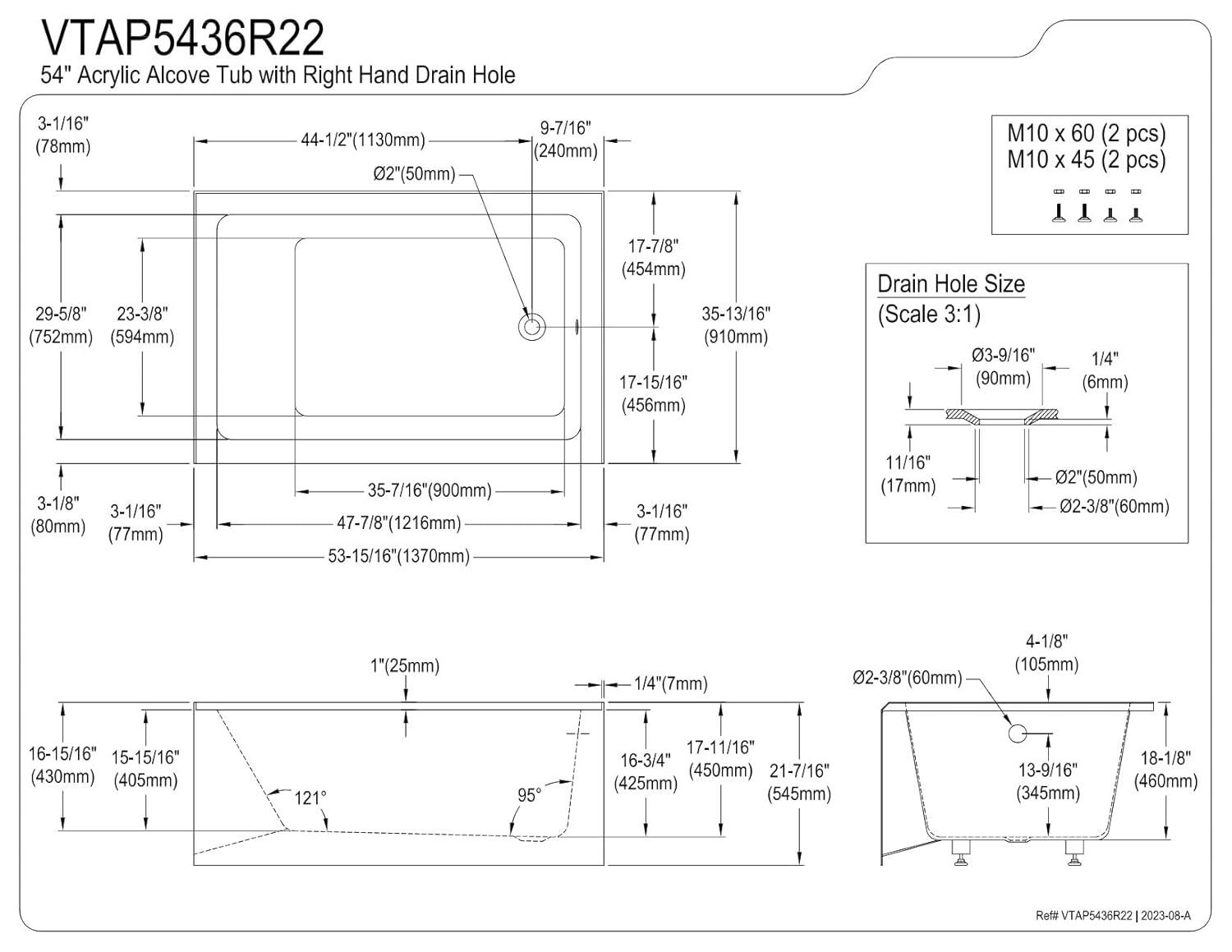 Kingston Brass Aqua Eden 54-Inch Acrylic Rectangular 3-Wall Alcove Tub