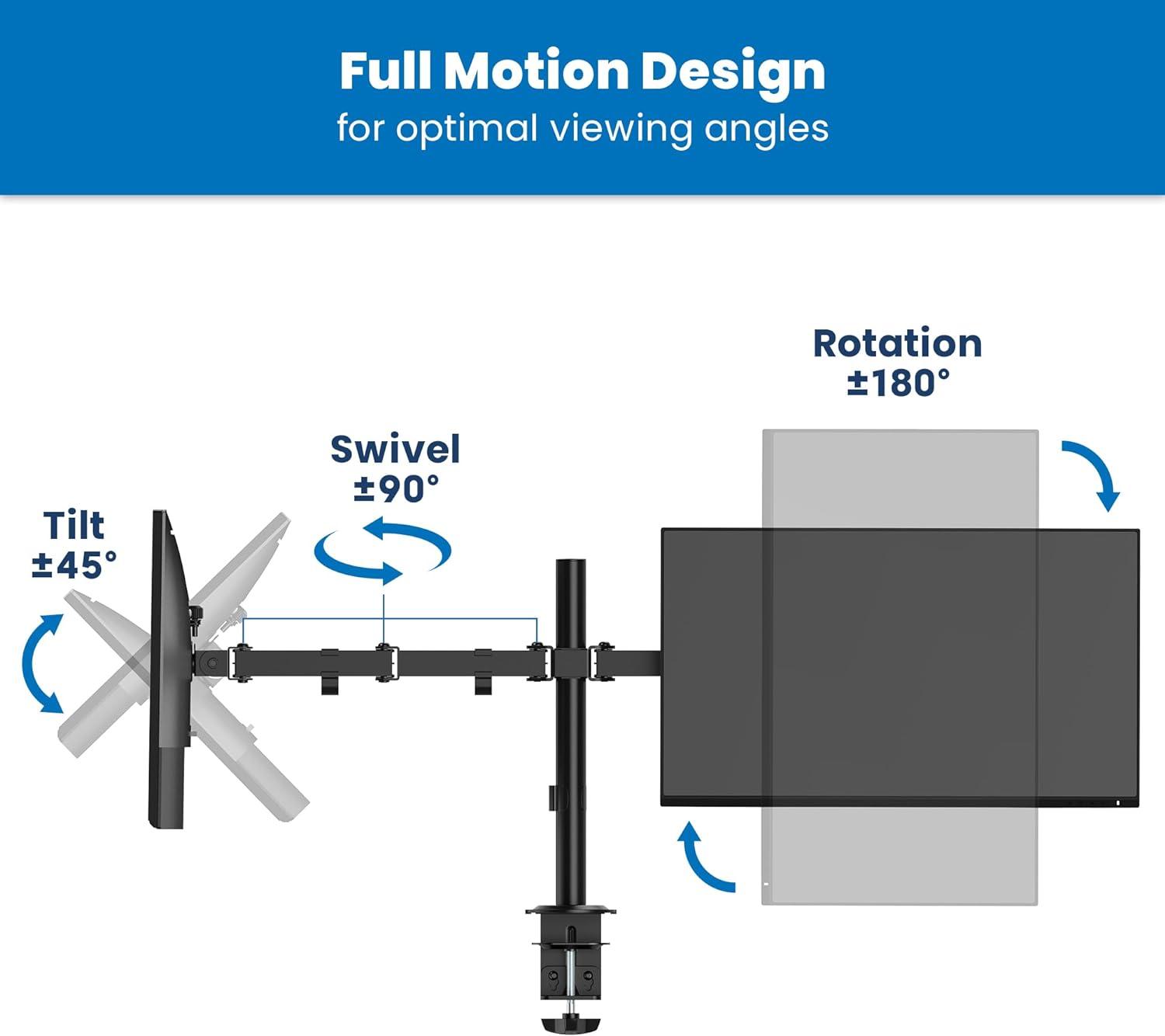 Mount-It! Dual Monitor Desk Mount, Dual Monitor Arm Fits 2 Monitors max. 32" / 19.8 Lbs., Full Motion Adjustment Monitor Mount with C-Clamp, Black