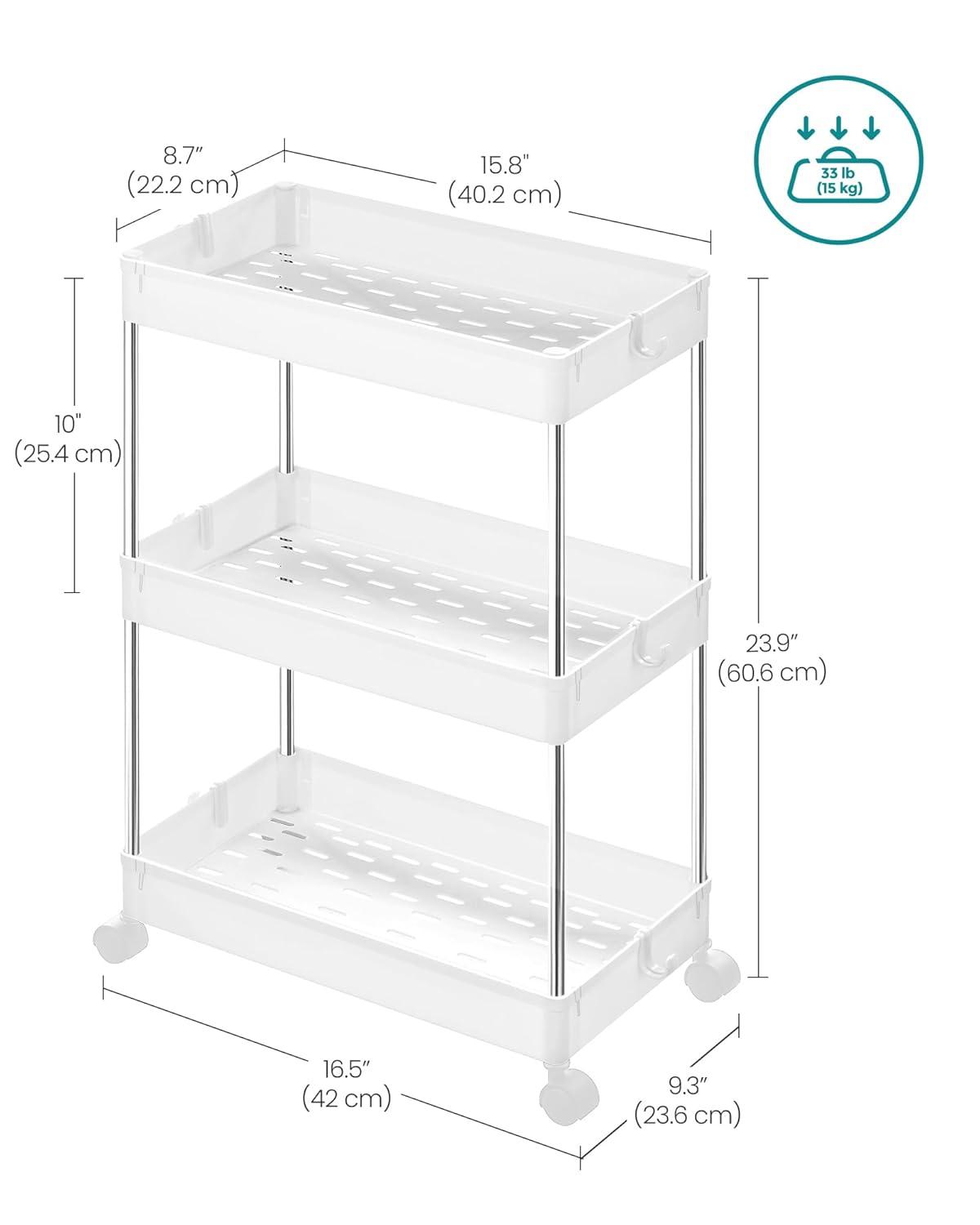SONGMICS 3-Tier Rolling Cart Storage Cart with Wheels Space-Saving Rolling Storage Cart for Bathroom Kitchen Living Room Office 15.7 x 8.7 x 23.6 Inches White