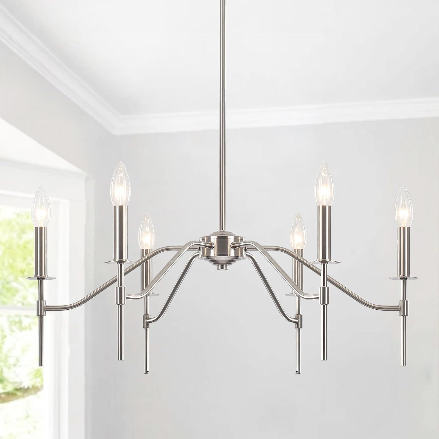 6-Light Farmhouse Chandelier for Dining Room Lighting Fixtures Hanging Brushed Nickel Chandelier for Kitchen Industrial Pendant Candle Lighting or Living Room Entryway Bedroom Foyer